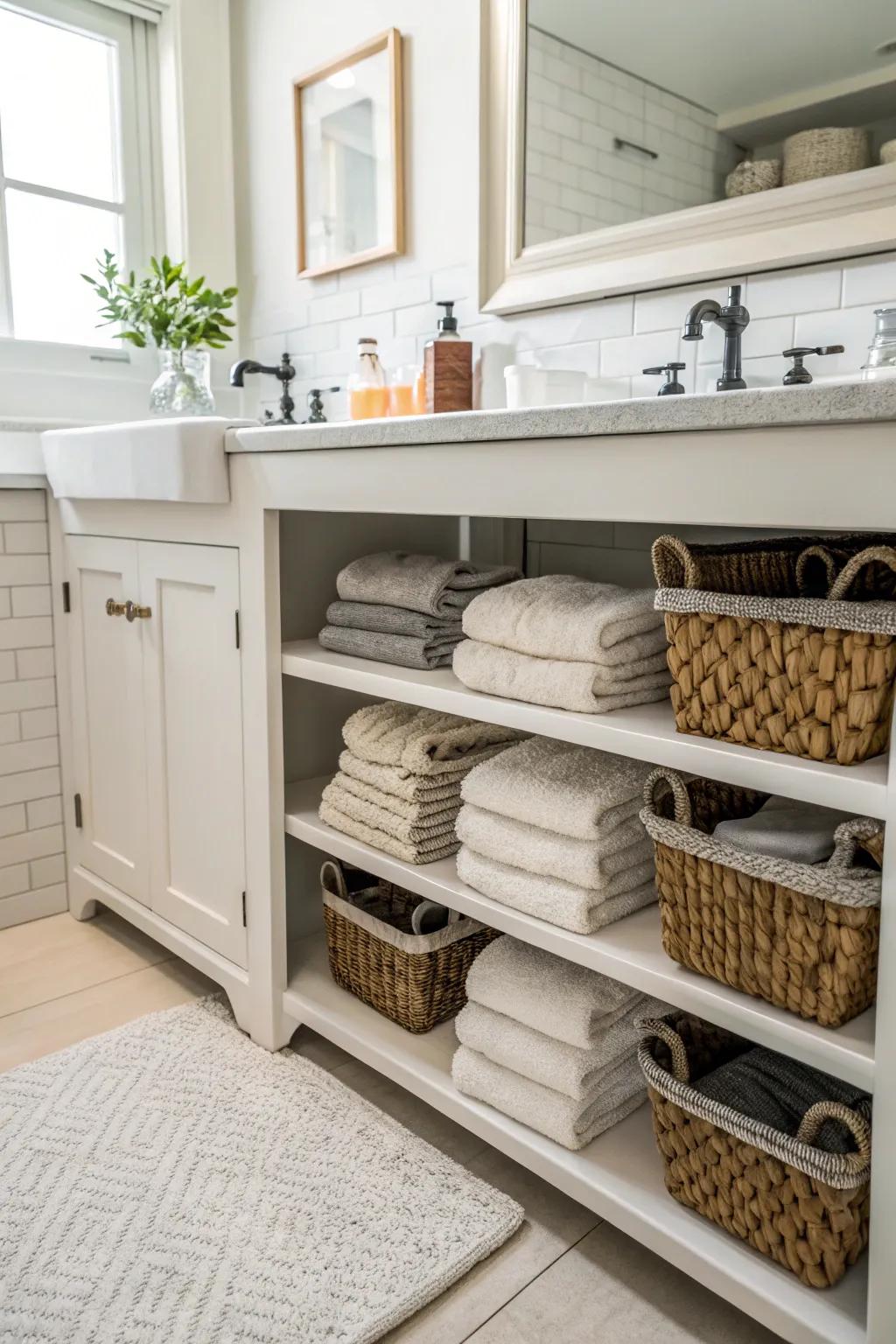 Under-sink storage is an ingenious way to make use of space in small bathrooms.