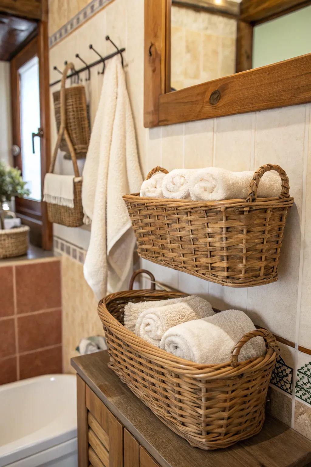Wall-mounted baskets blend homespun beauty with pragmatic design.
