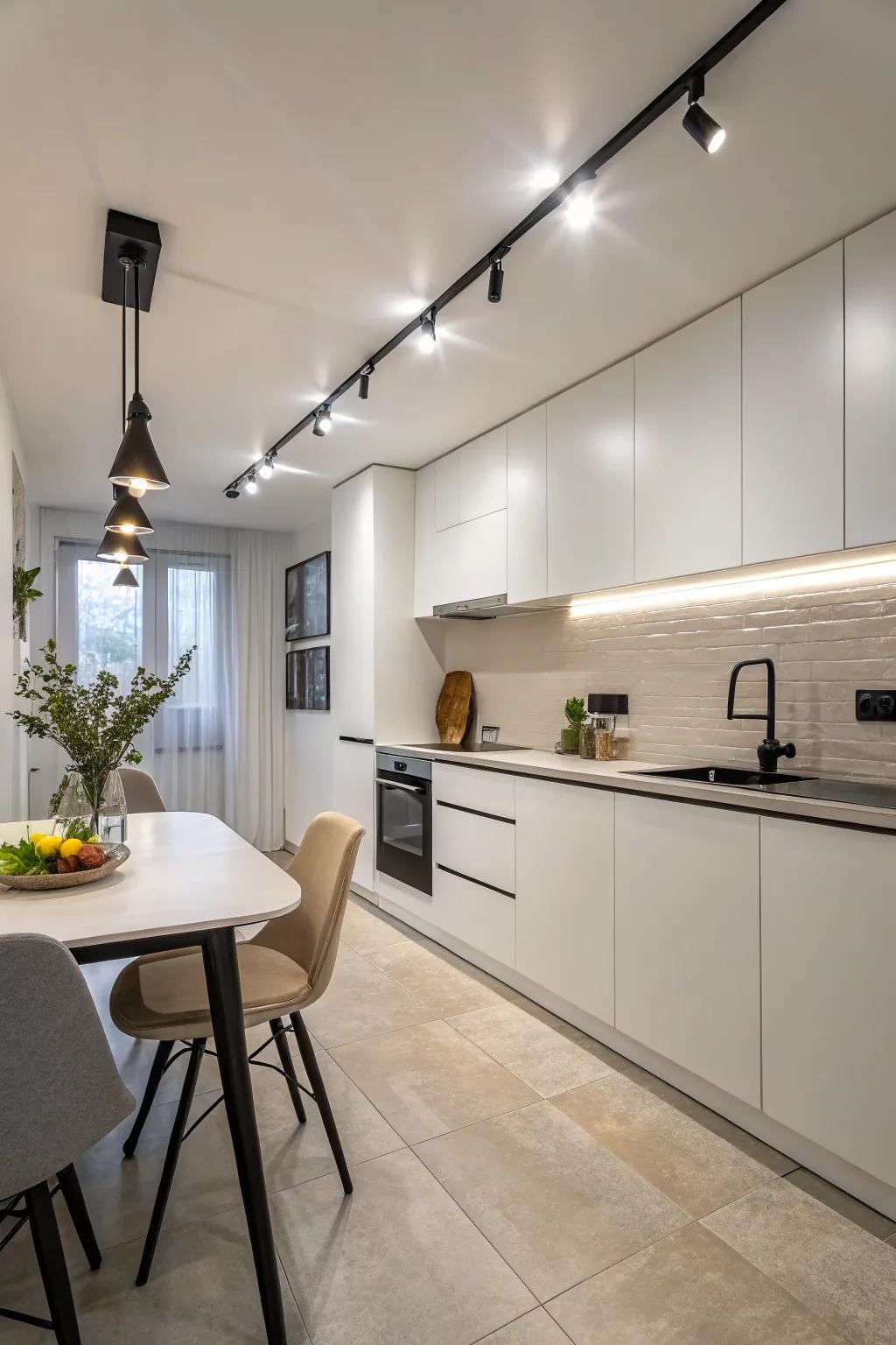Minimalist track lighting in a clean, modern kitchen