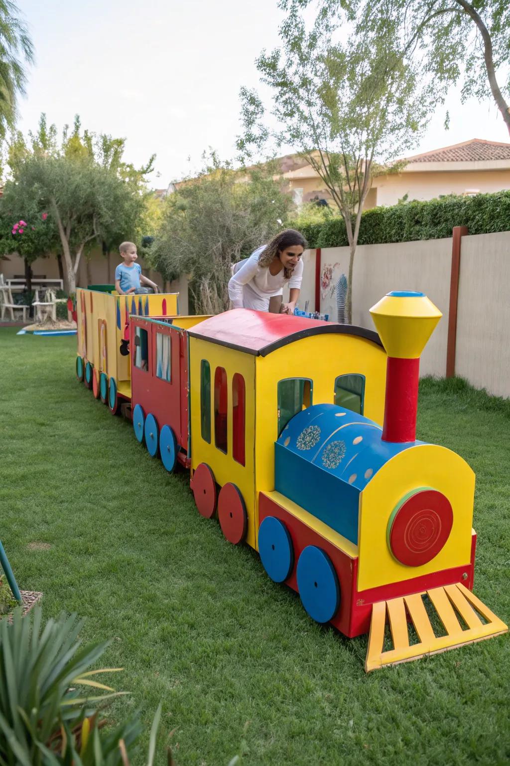 A handmade paperboard locomotive provides endless enjoyment.