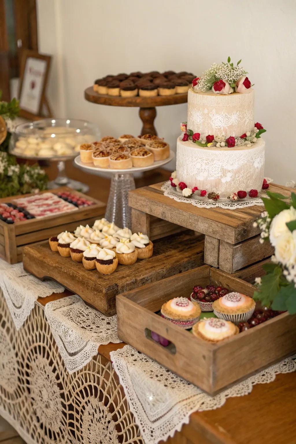Rustic treat display with timber trays and lace.