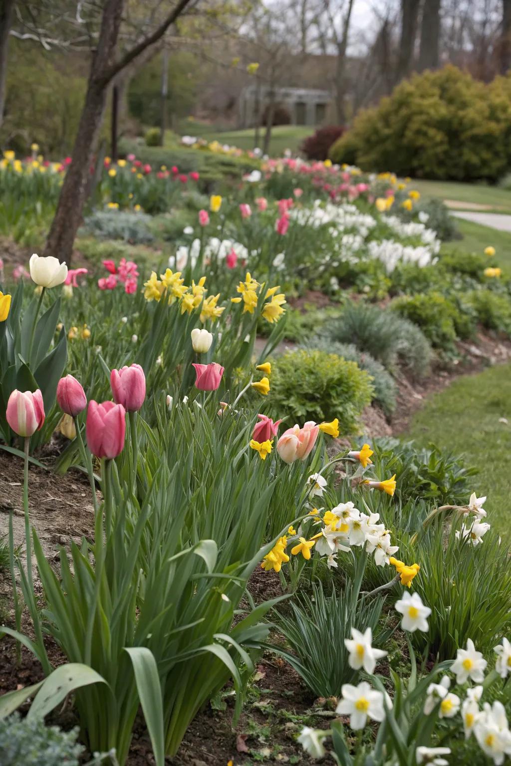 Abundance and hue: Tulips displayed in an integrated flower bed.