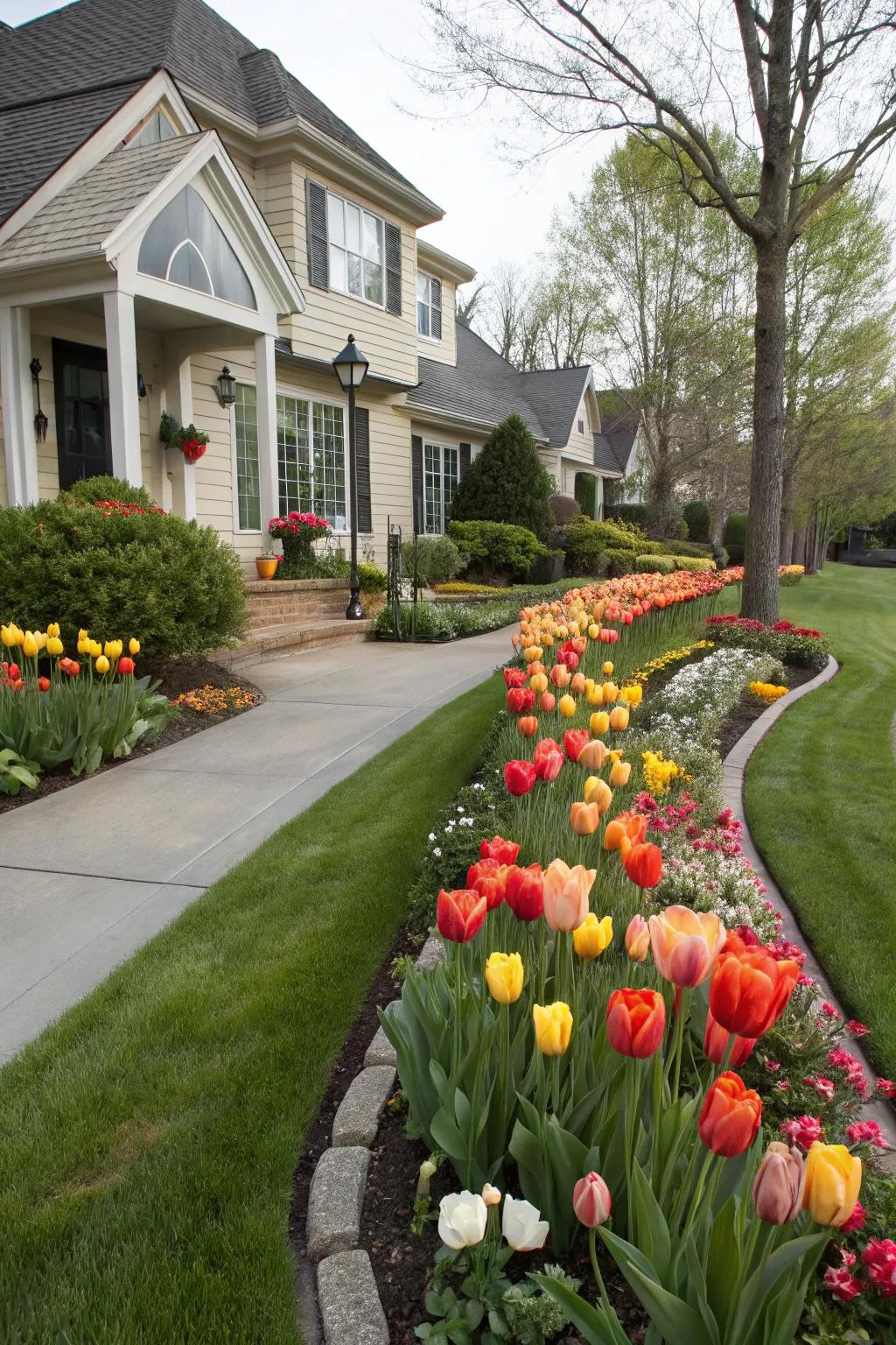 A front garden graced with blossoms, presenting an inviting and colorful welcome.