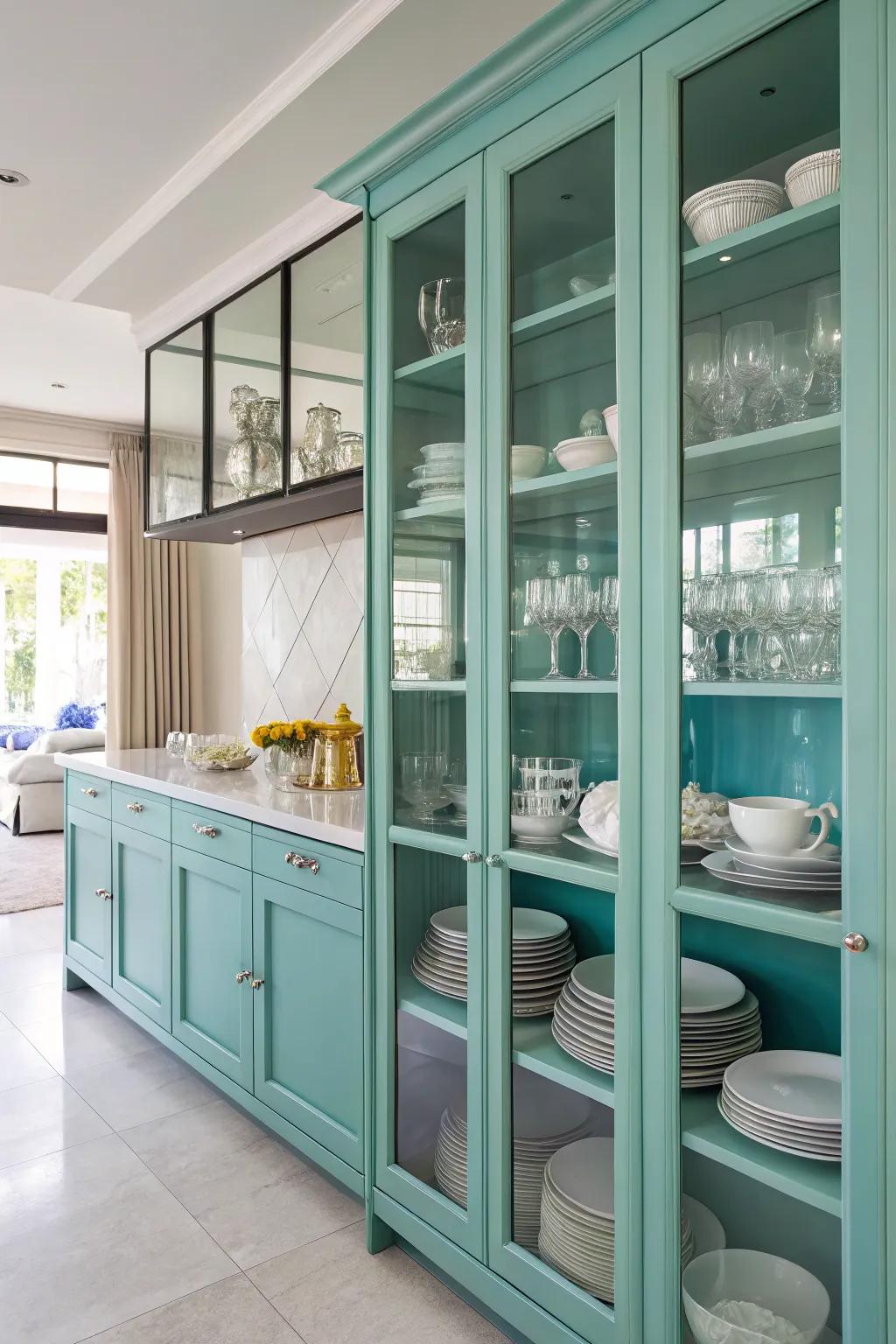 Glass-front cabinets displaying fine dishware in a turquoise kitchen.