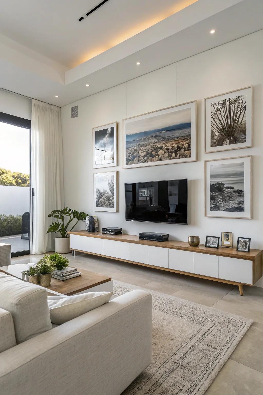 A minimalist approach for a stylish TV gallery wall.