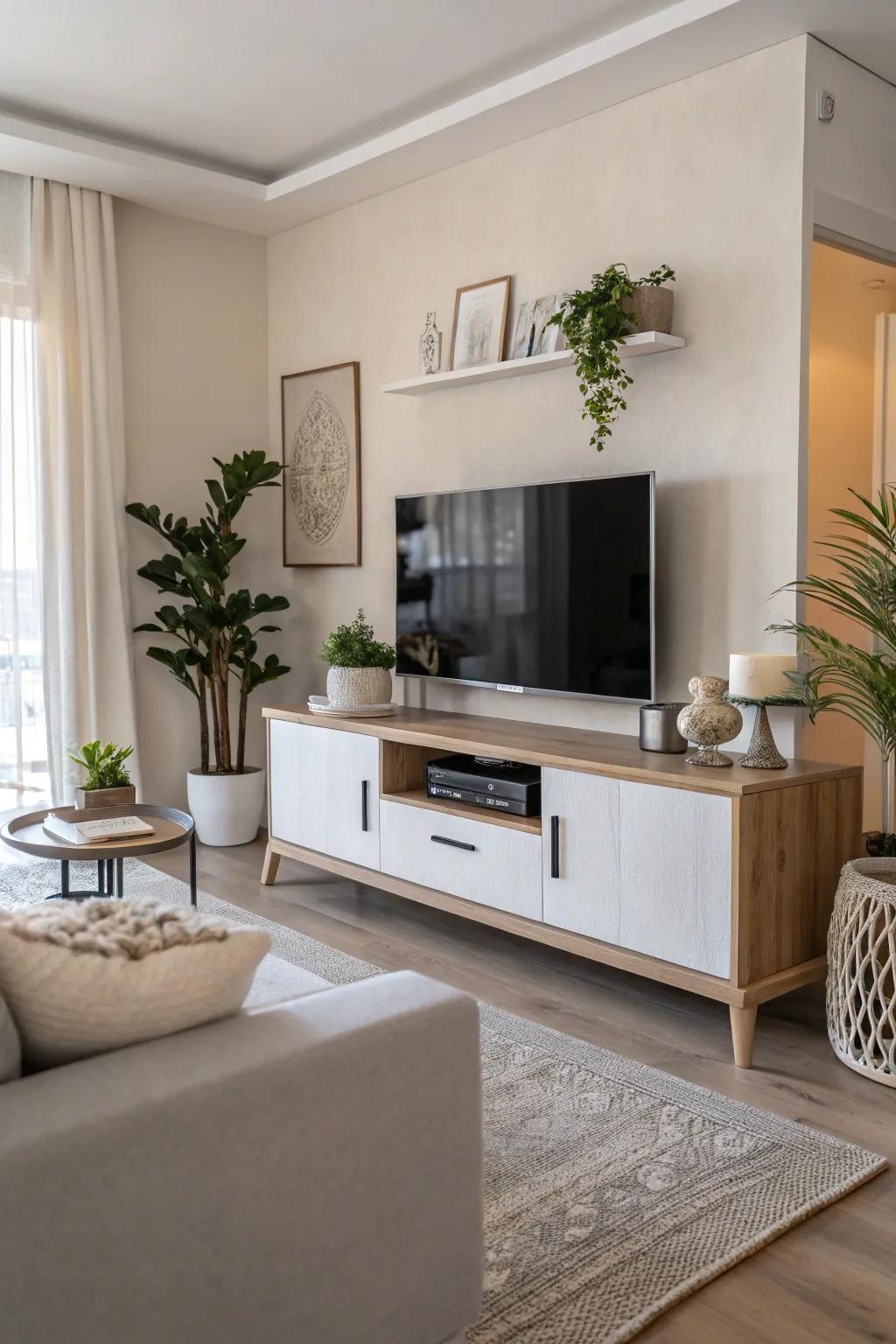 Neutral colors create a tranquil and enduring backdrop for the TV area.