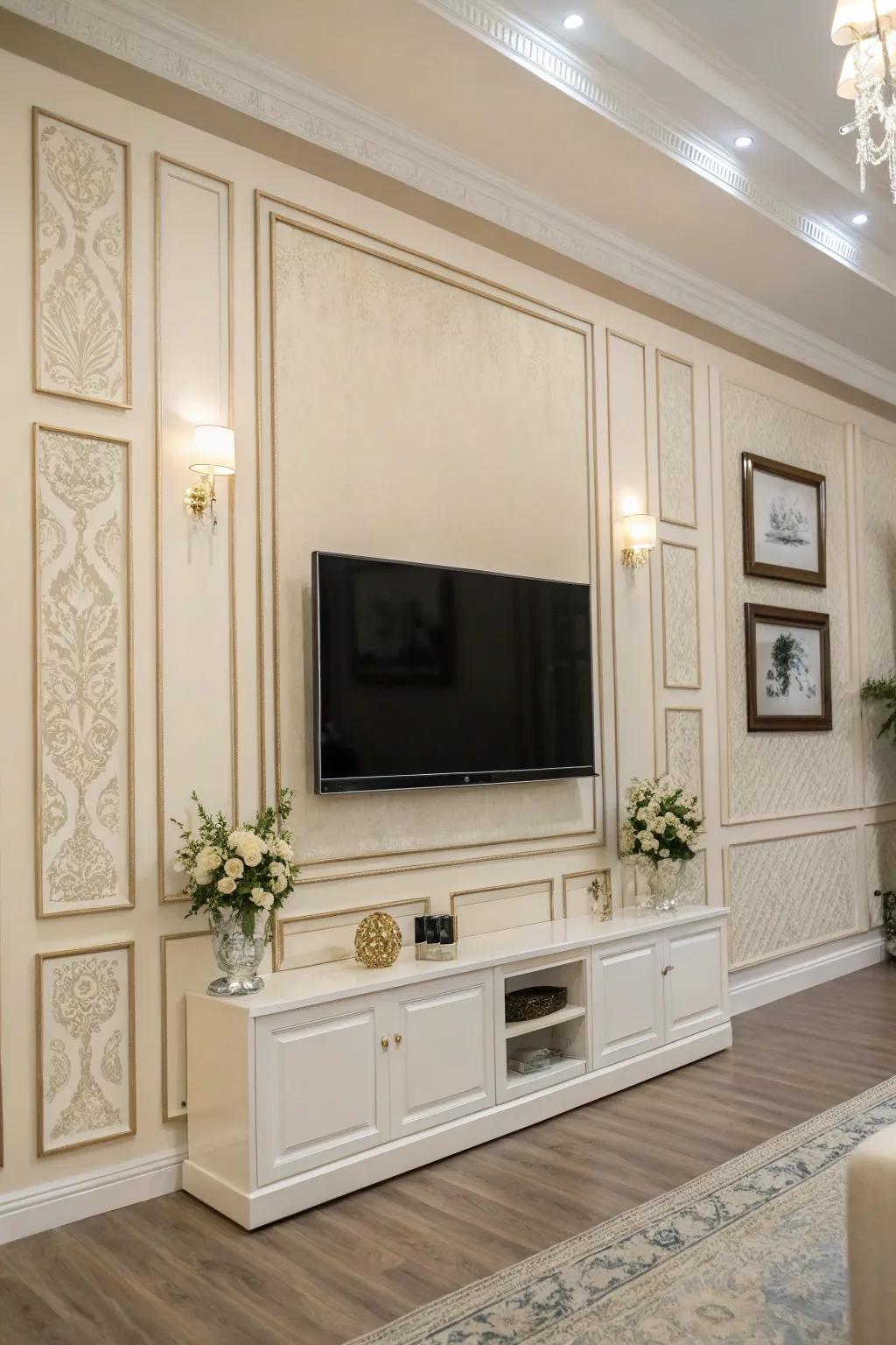 Neutral hues fashion a composed and elegant TV wall.