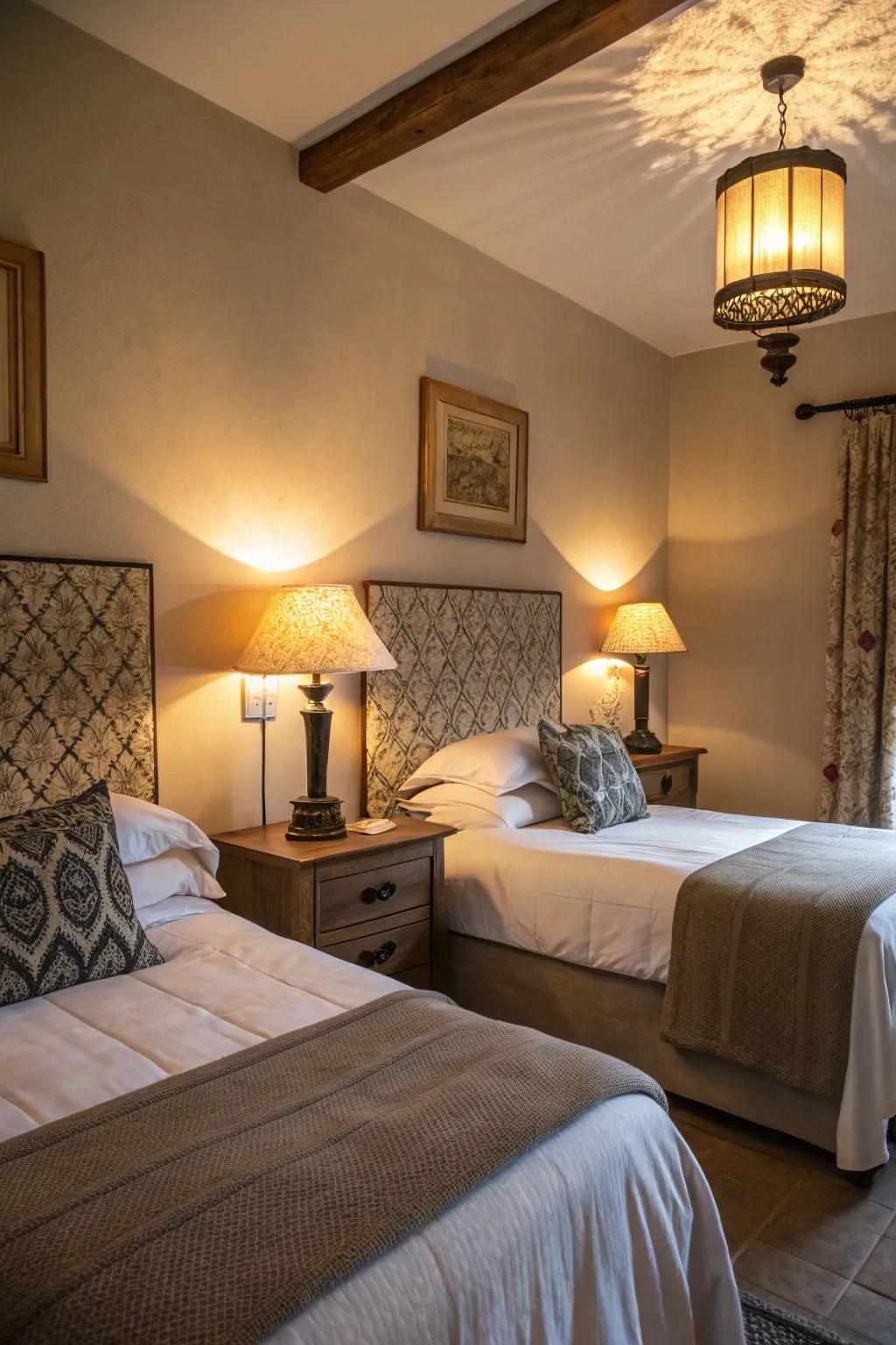 The shared room's cozy atmosphere is enhanced by ornamental lighting.