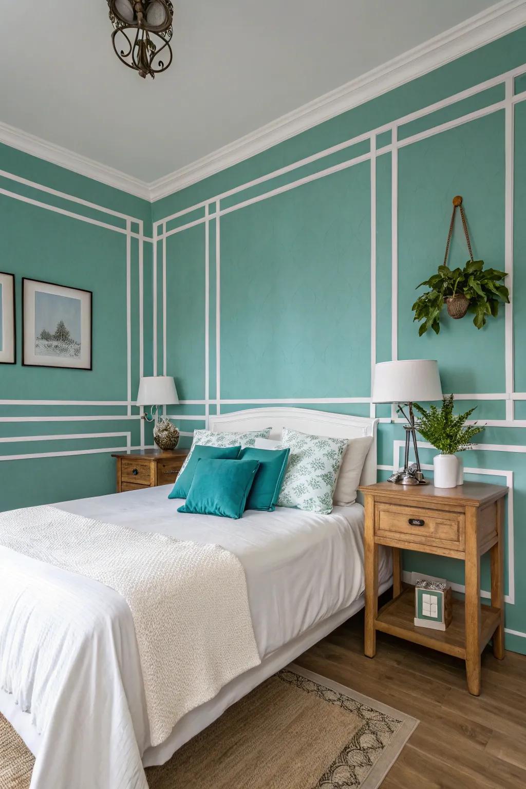 An inviting bedroom featuring aqua and white walls, balancing depth and brightness.