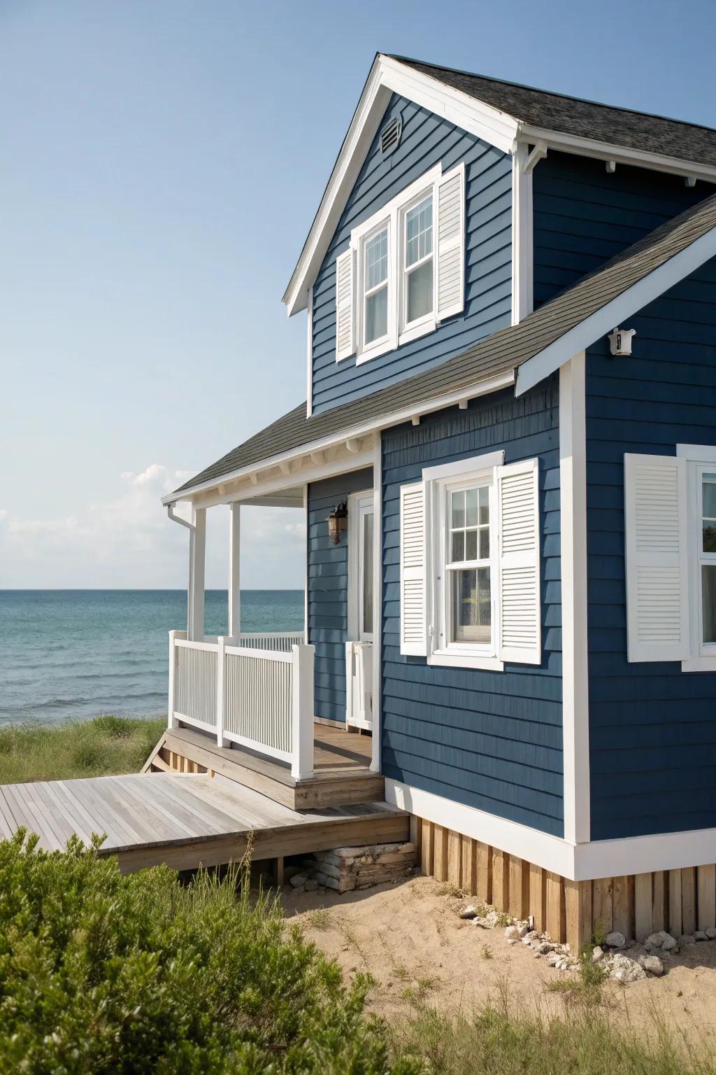 Classic coastal charm with navy and white siding.