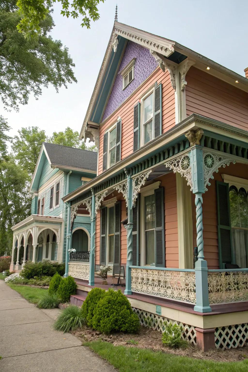 A classic home featuring vibrant louvers and unique architectural details.