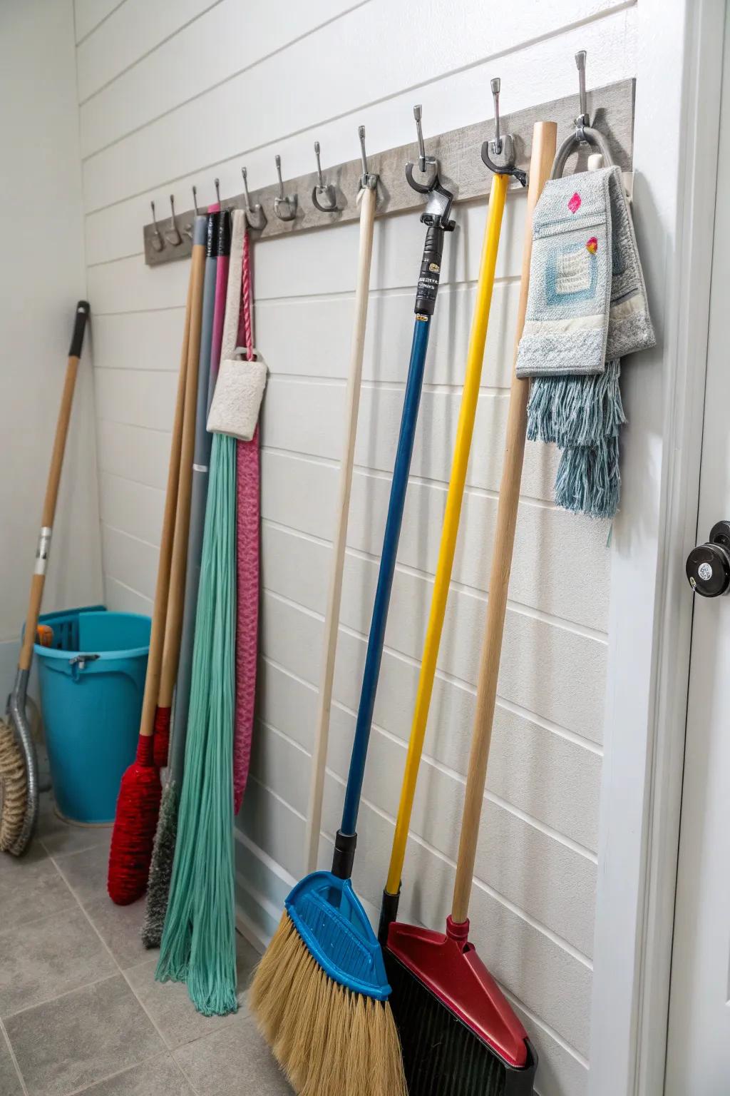 Hooks are a practical storage option for cleaning tools with long handles.