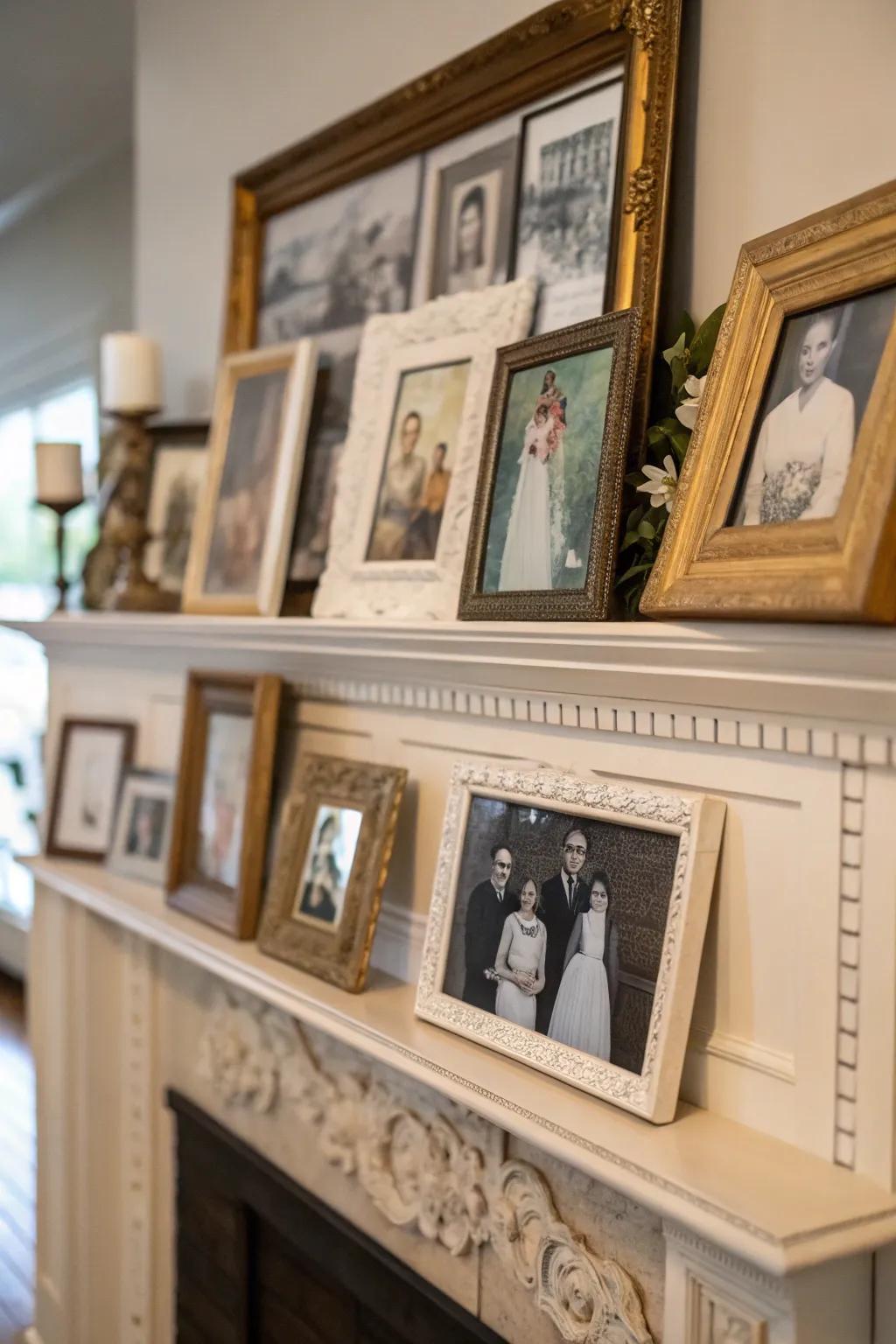 A tailored sensation featuring framed prints on the mantel.