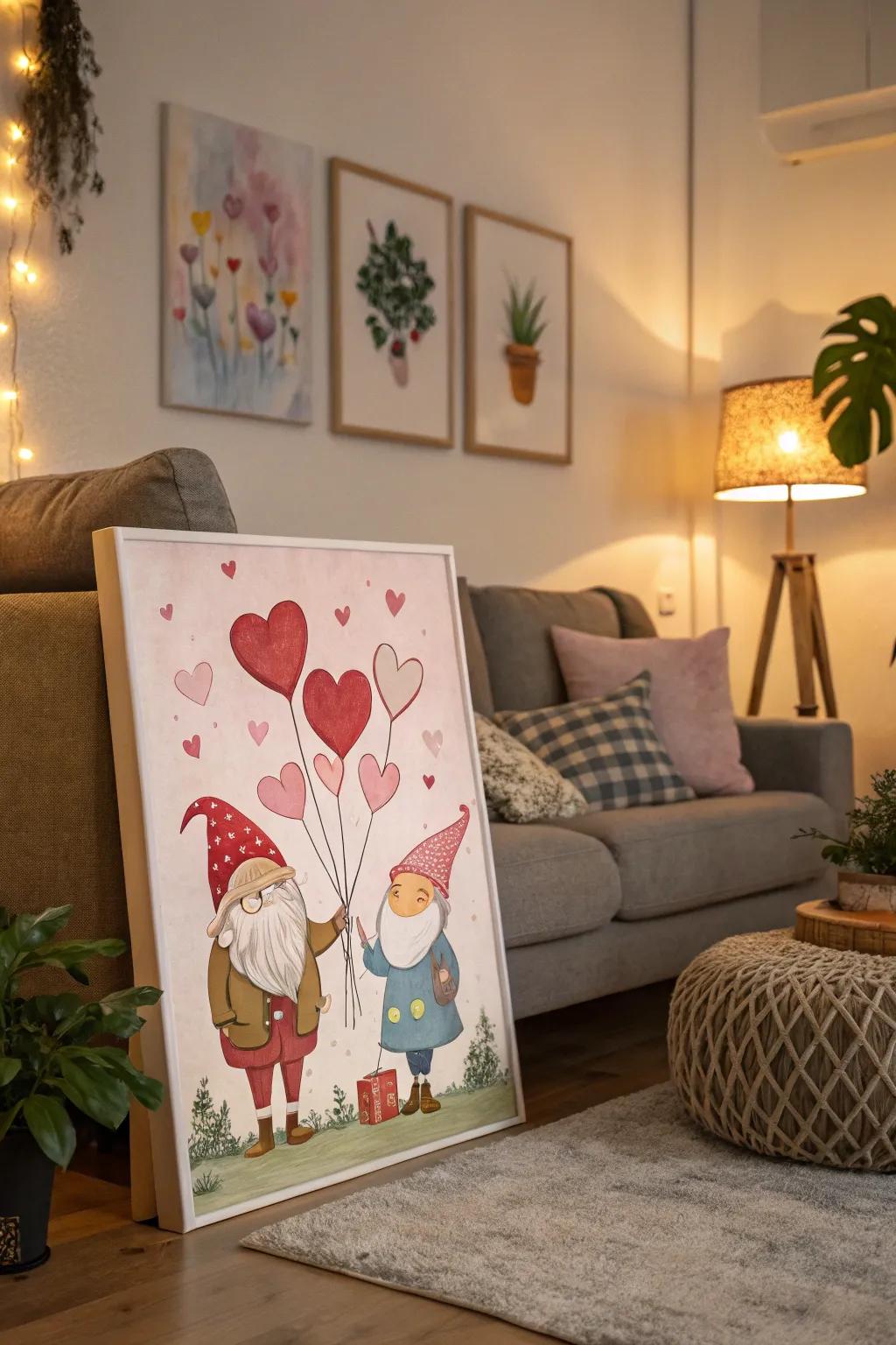 Gnomes featuring heart balloons inject playfulness into Valentine's decor.
