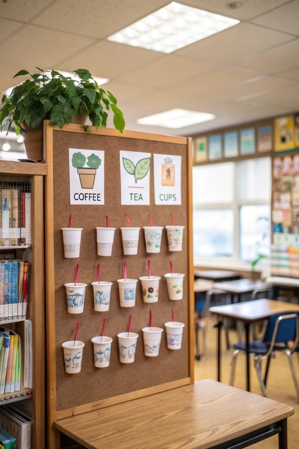 A Mug of Mercy display showcasing coffee mug-shaped memos detailing acts of benevolence.