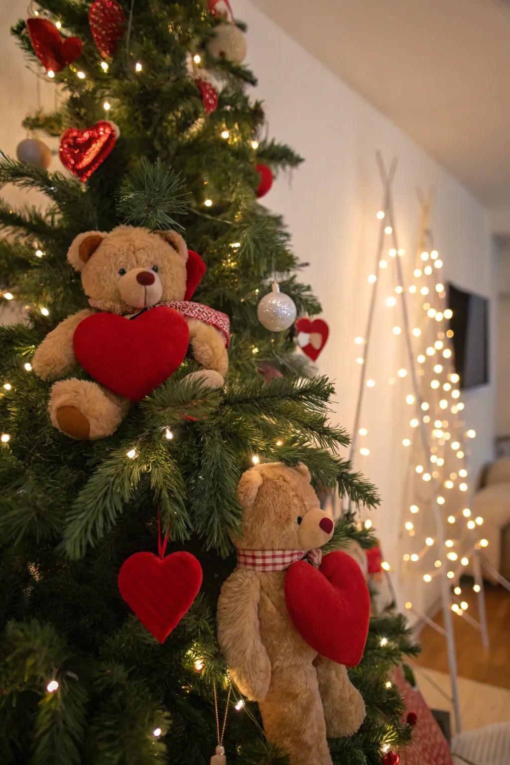 Plush elements add a cozy and inviting touch to your Valentine's tree.