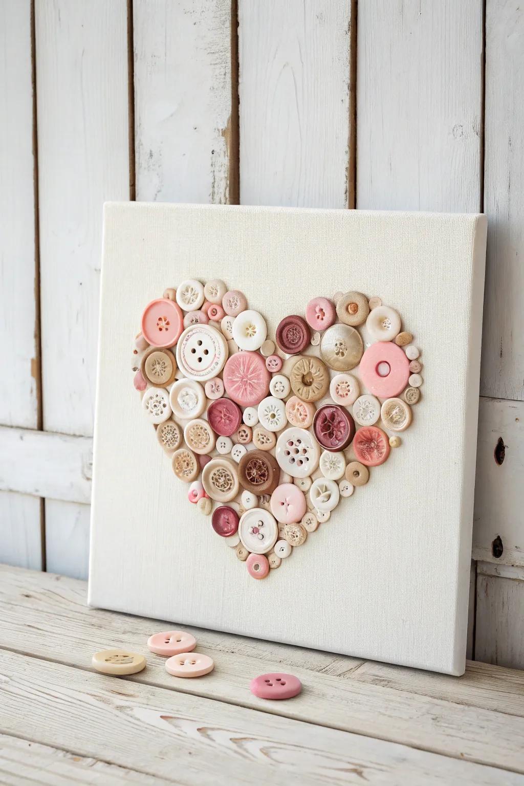 Artisan affection: A captivating button heart canvas is ideally suited to Valentine's Day décor, uniting Scandinavian simplicity with bohemian elegance.
