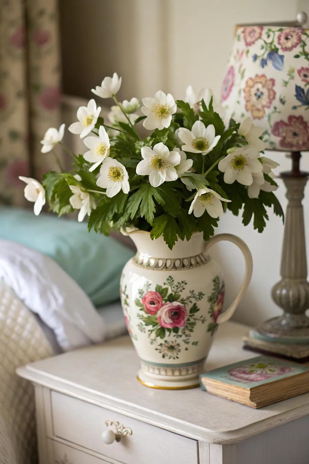 Charming anemone arrangement infusing fancifulness into a boudoir.