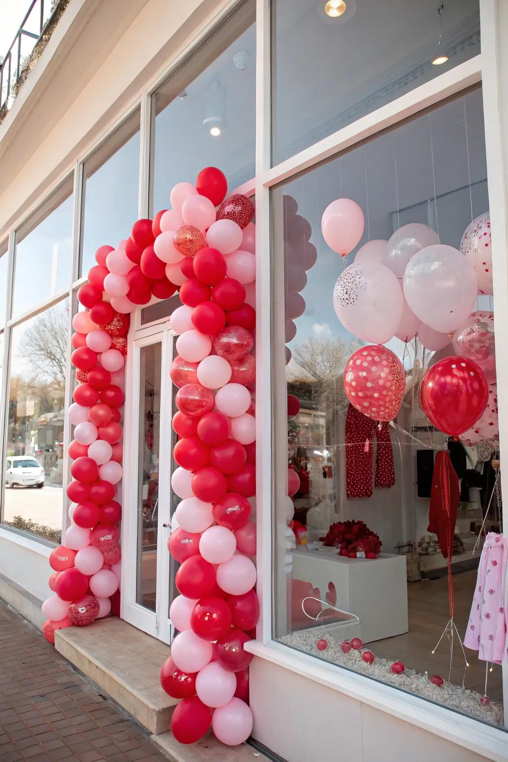 A vibrant balloon arrangement infuses a Valentine's Day shop window with playfulness.