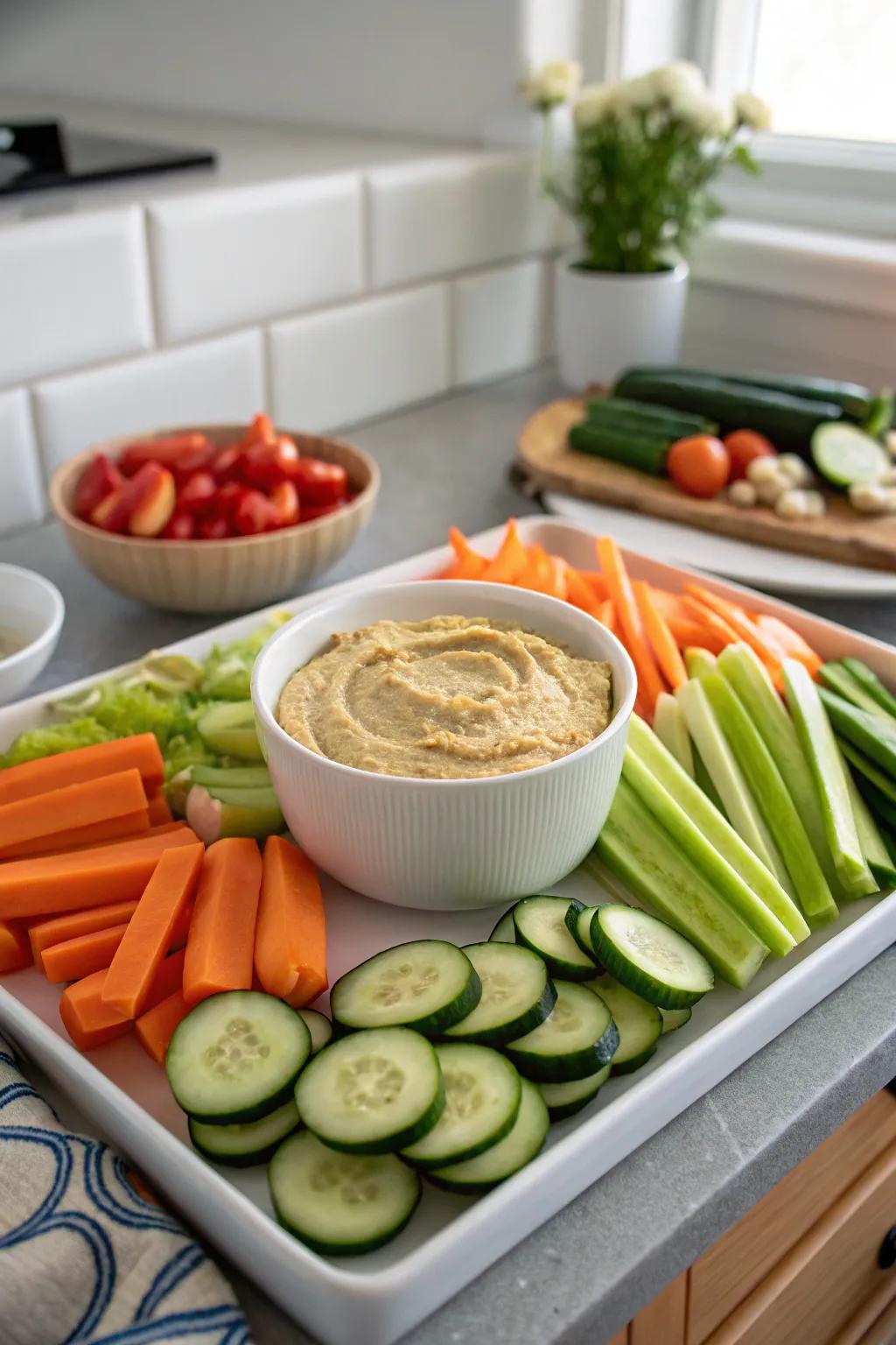 A platter featuring dip at its core for easy access.