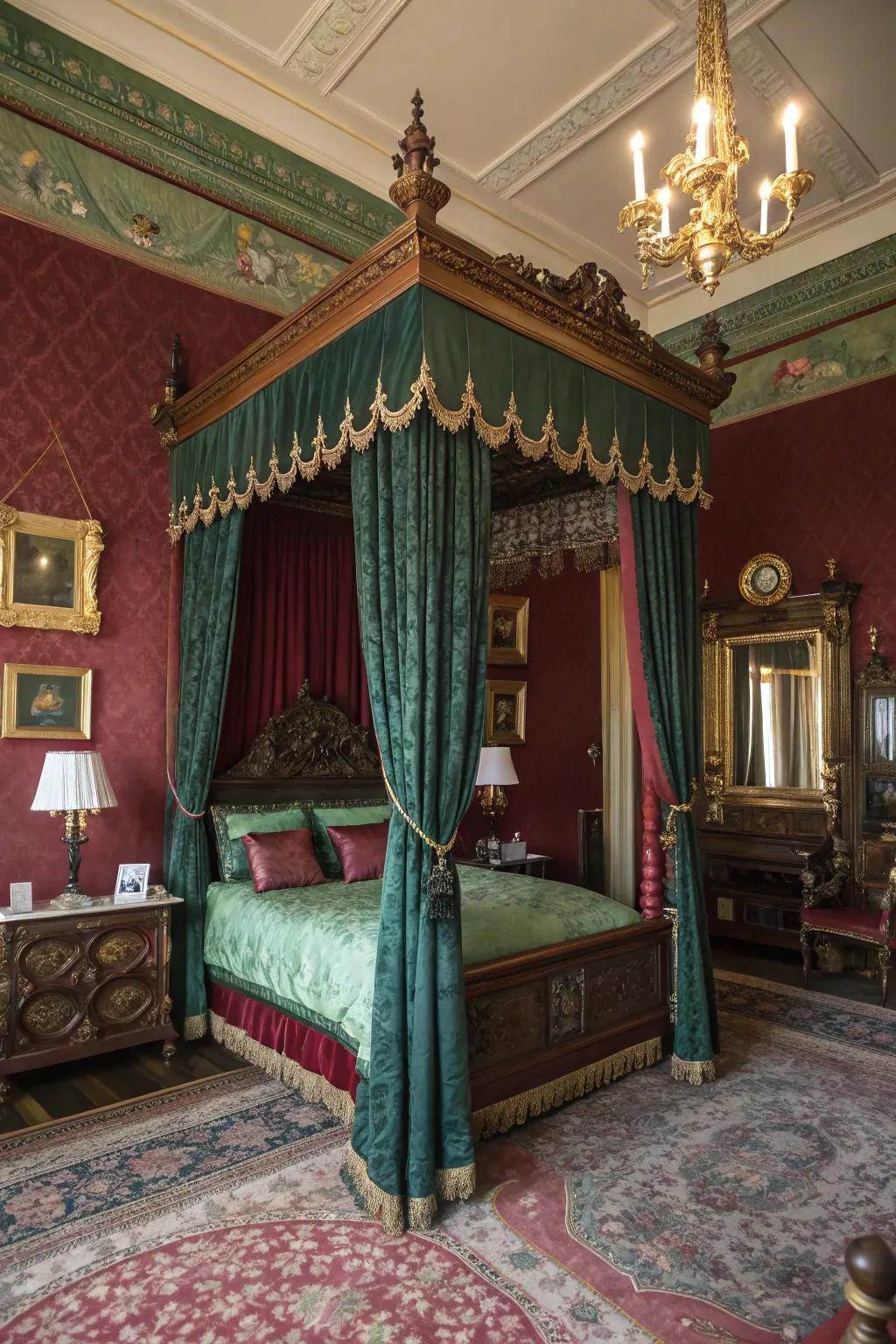 Profound hues establish a warm and inviting Victorian atmosphere.