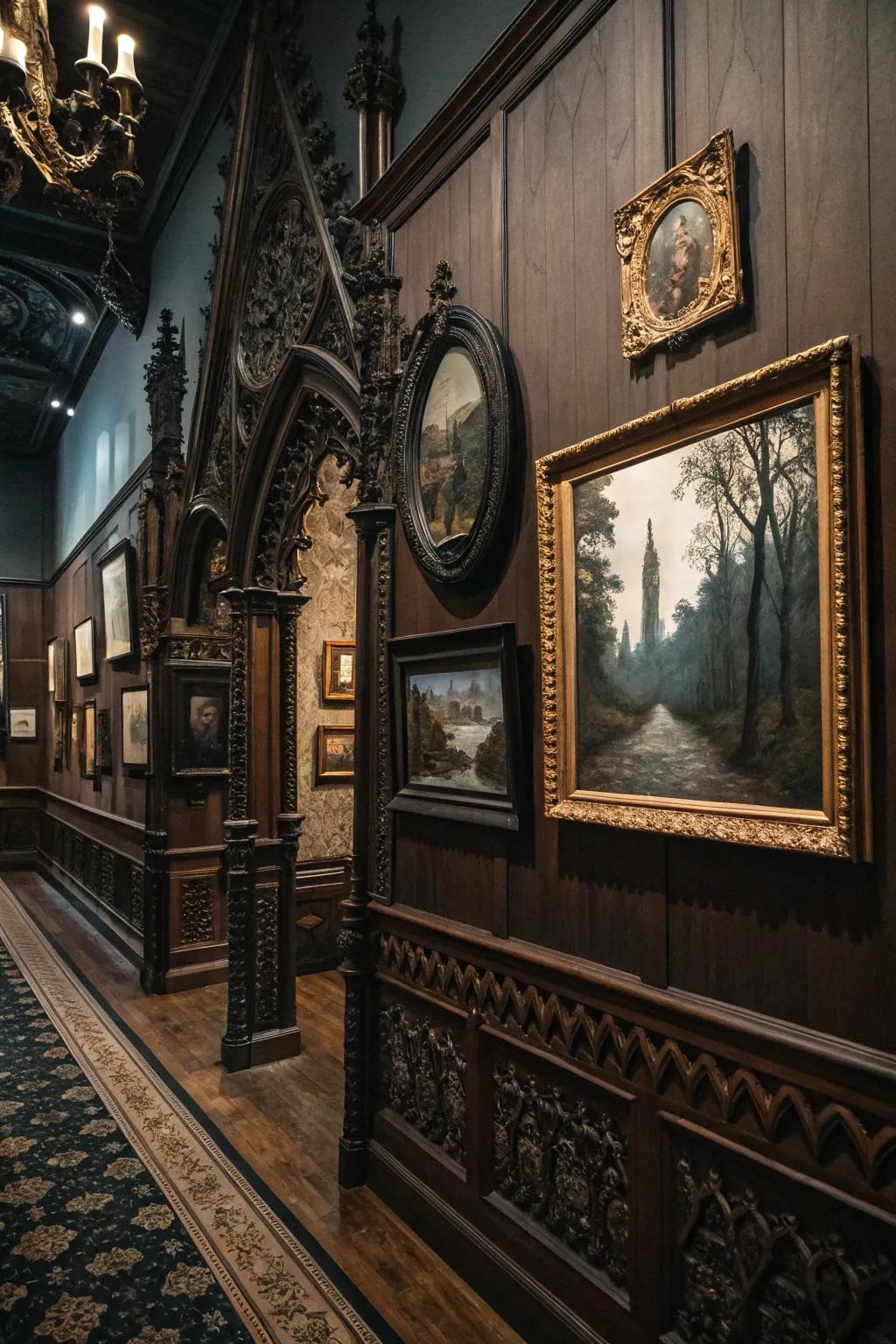 Mural art and mirrors fashion an enthralling gallery wall.