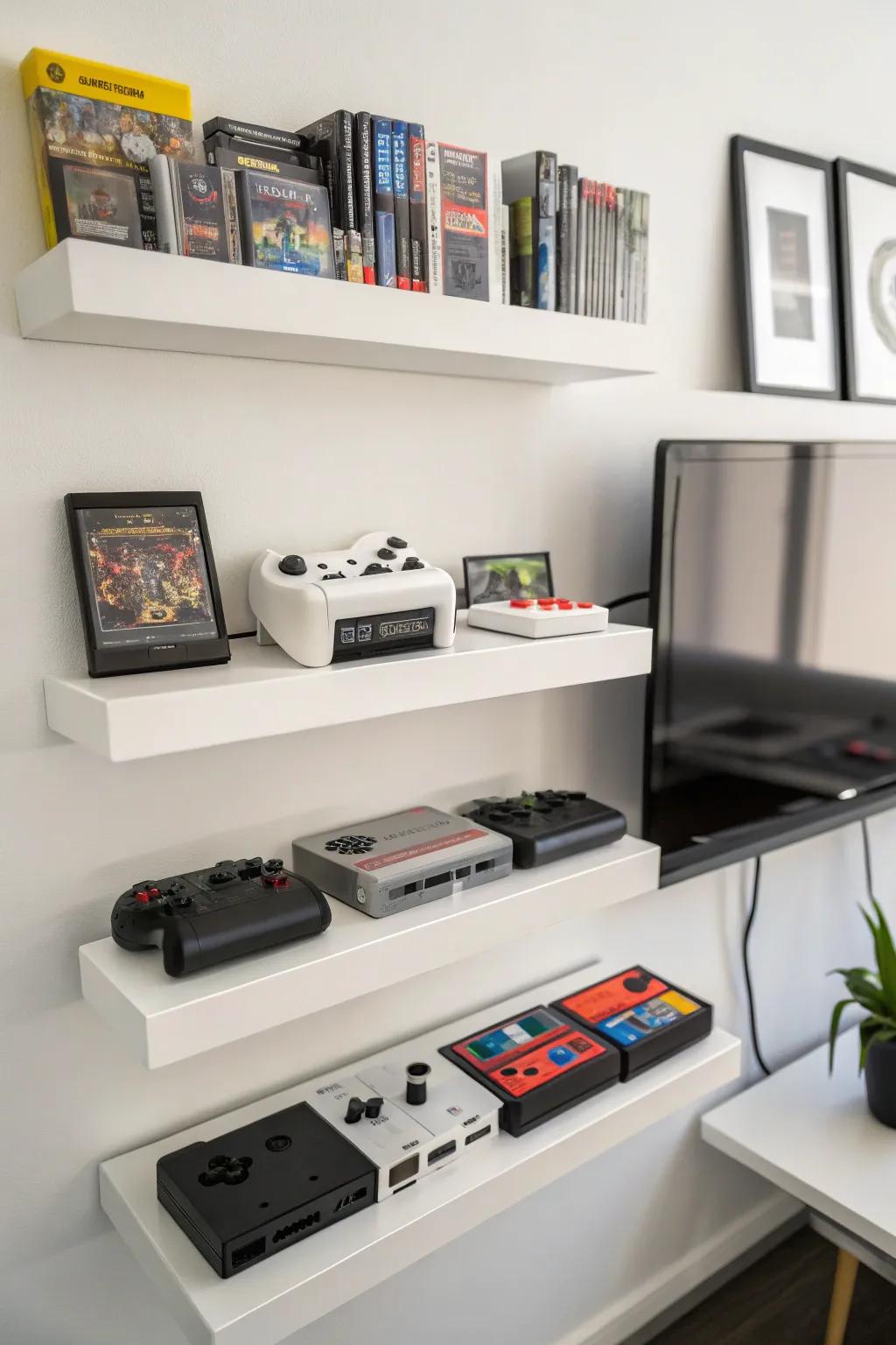 Levitating tiers offering a minimalist display for video games.