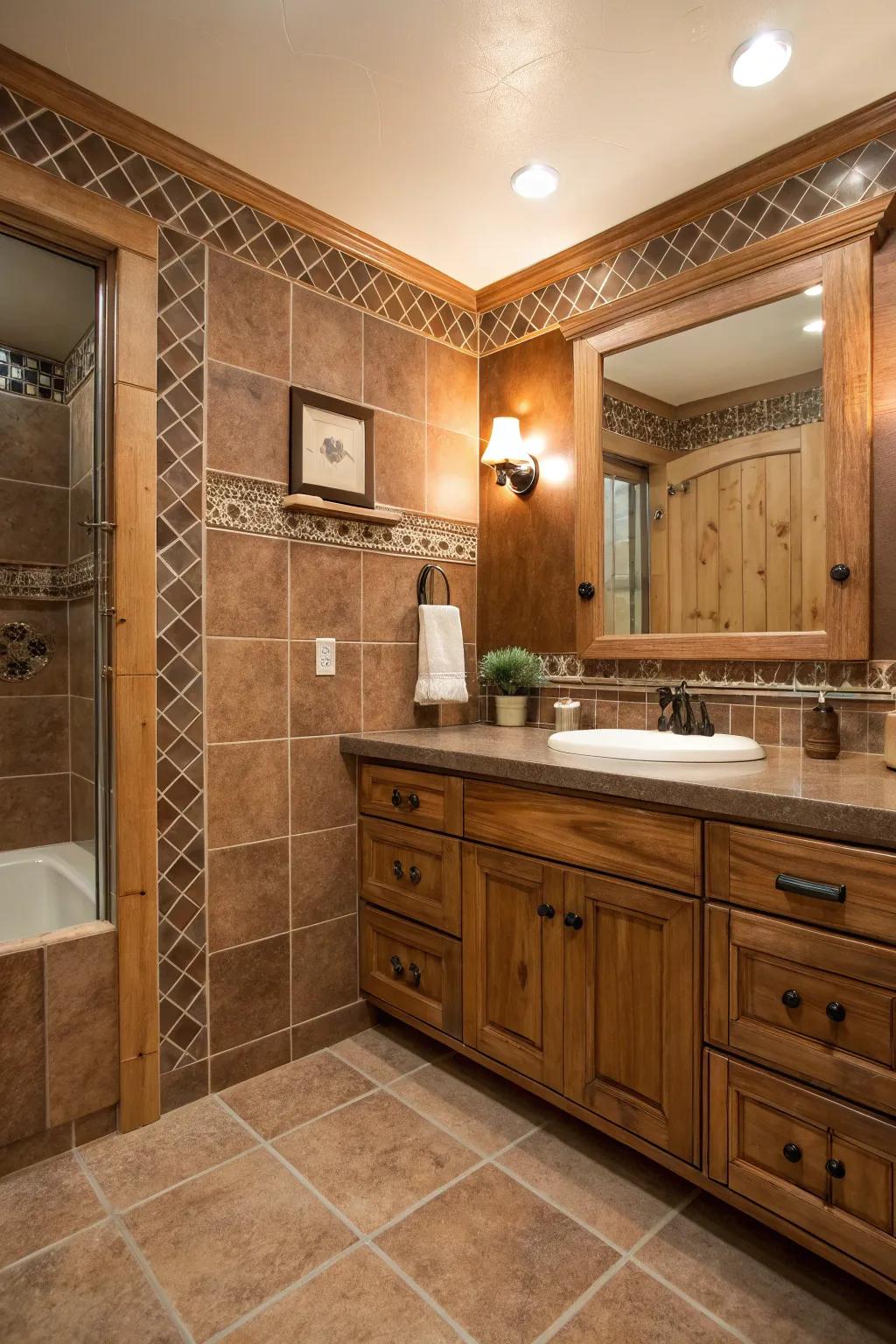 Wood features blend flawlessly using brown tiles for an organic sensation.