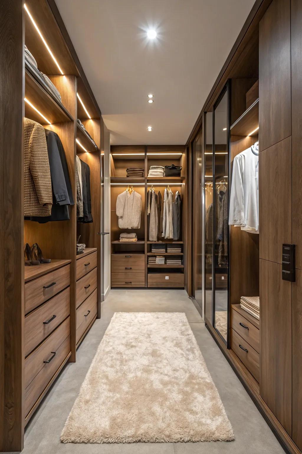 Elegant additions such as extravagant rugs and high-end surfaces contribute style to any closet.
