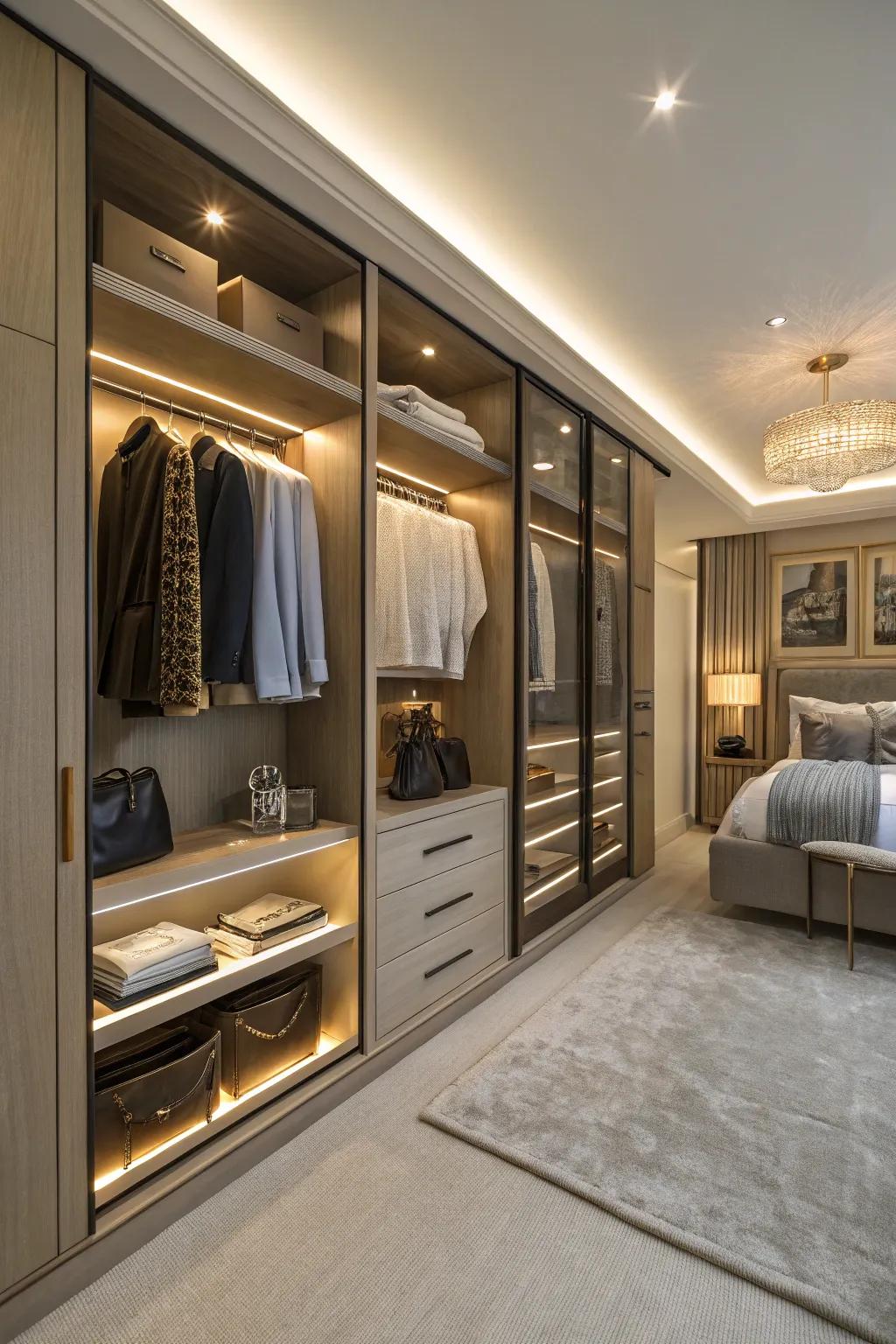 Integrated lighting amplifies both utility and flair within wall closets.
