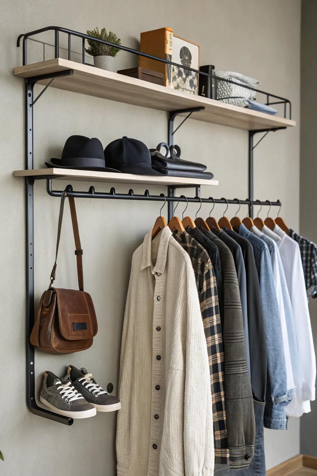 An adaptable wall-mounted clothing rack equipped with shelves and hooks.