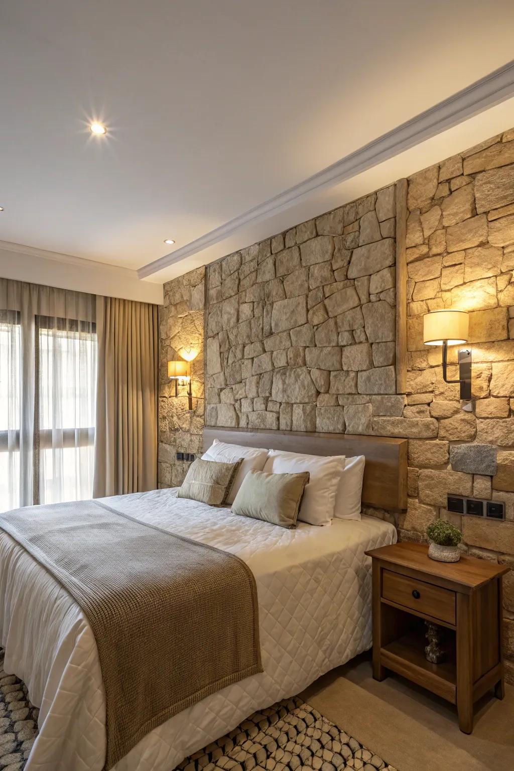 Stone textures establish a striking and organic atmosphere in your bedroom.