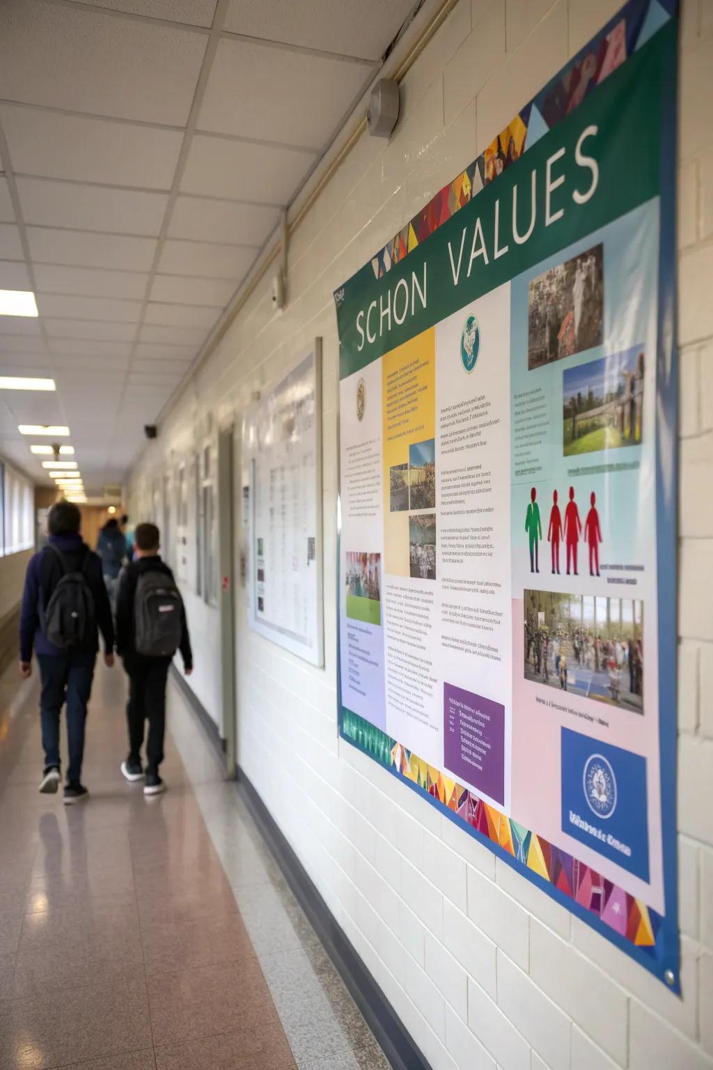 A wall that proudly showcases the school's mission and principles, fostering a sense of unity.