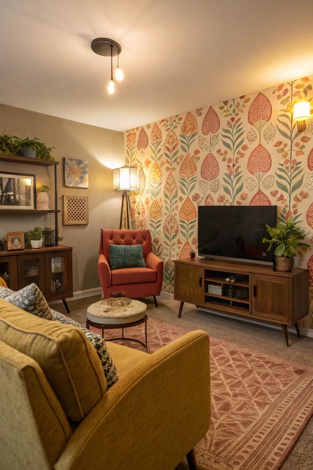 A statement wall with bold wallpaper creates a stunning focal point.