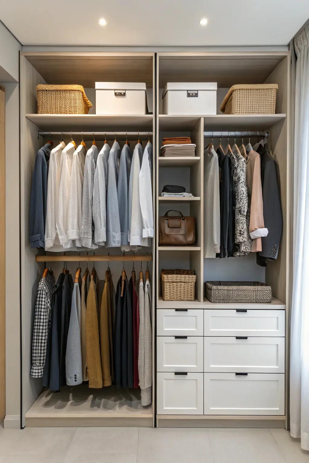 Varied hanging levels optimize wardrobe space.