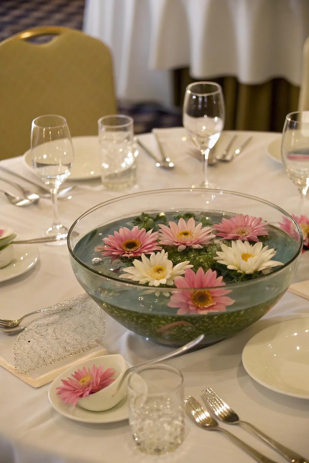 Floating flowers create a charming table centerpiece.