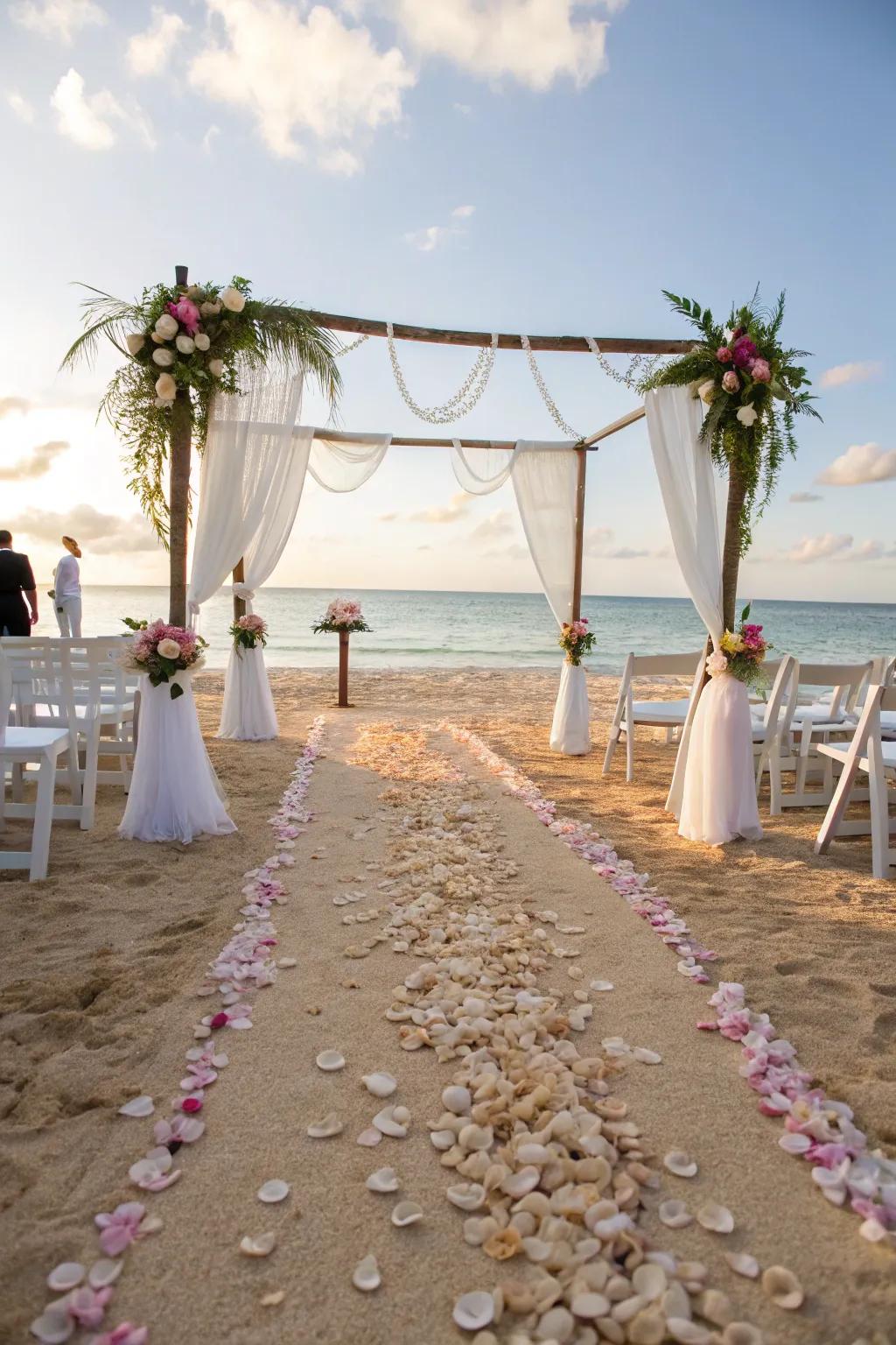 A tranquil beach aisle distinguished by seashells and expansive ocean vistas.