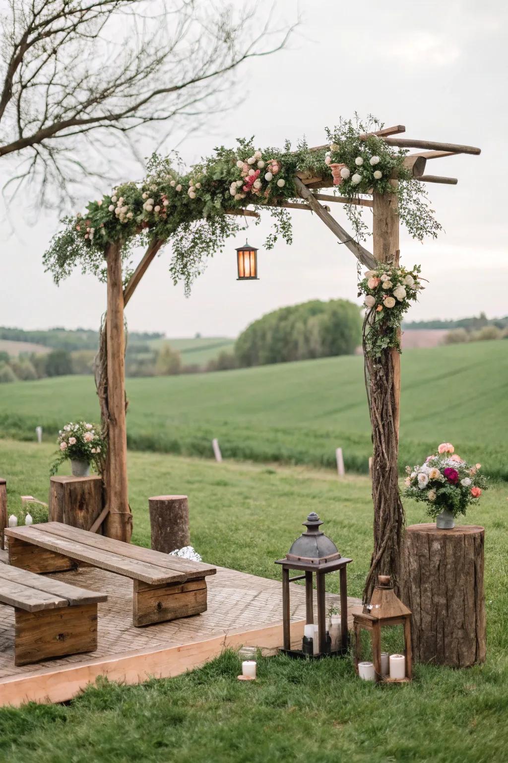 An open-air wedding arrangement presenting naturally styled decoration and natural components, designing an appealing ambiance.