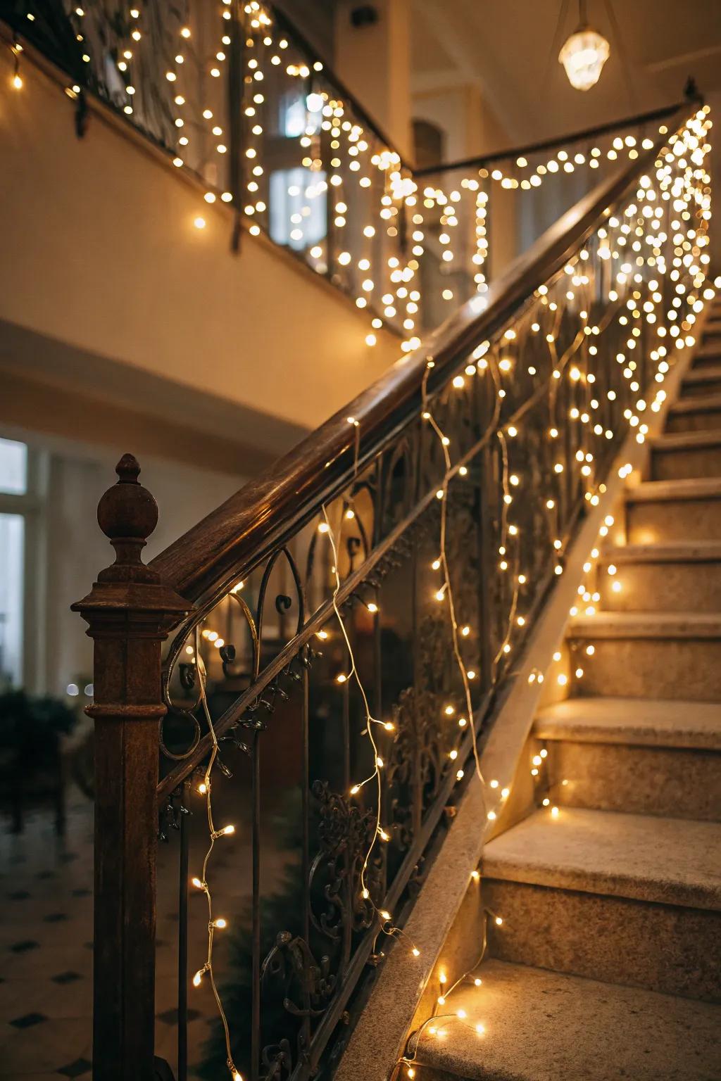 Sparkling lights generate a magical, starlit effect on this wedding stairway.