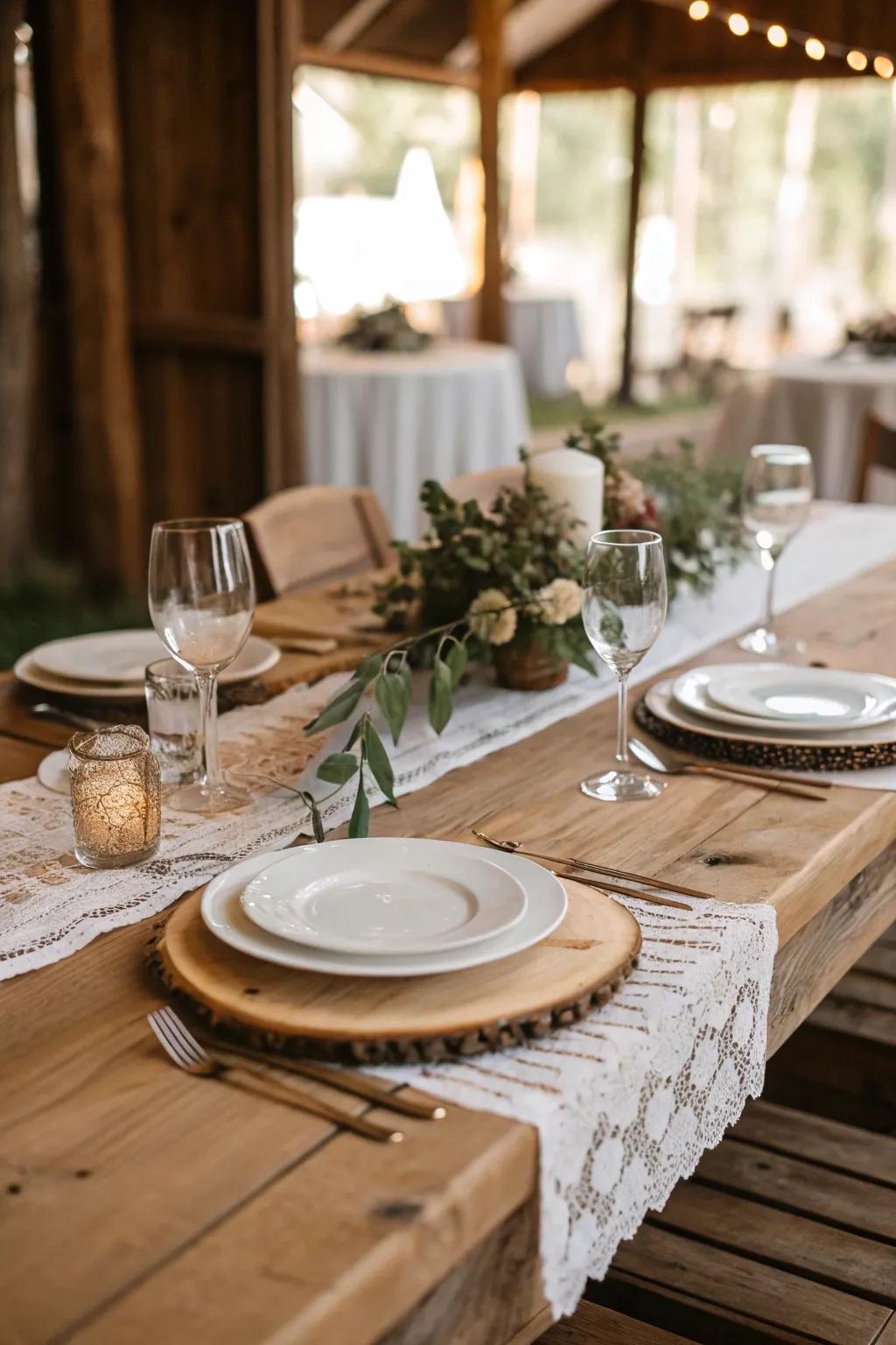 Country timber elements deliver a natural and organic vibe to wedding decor.