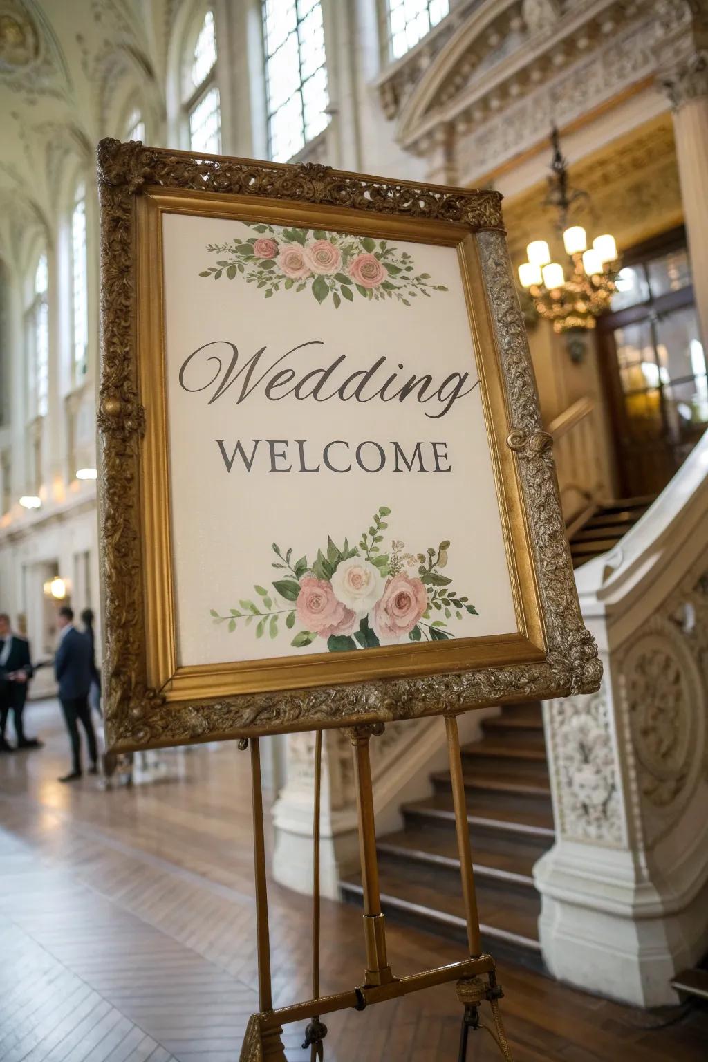 A vintage-inspired welcome sign in an ornate frame, perfect for a historical venue.
