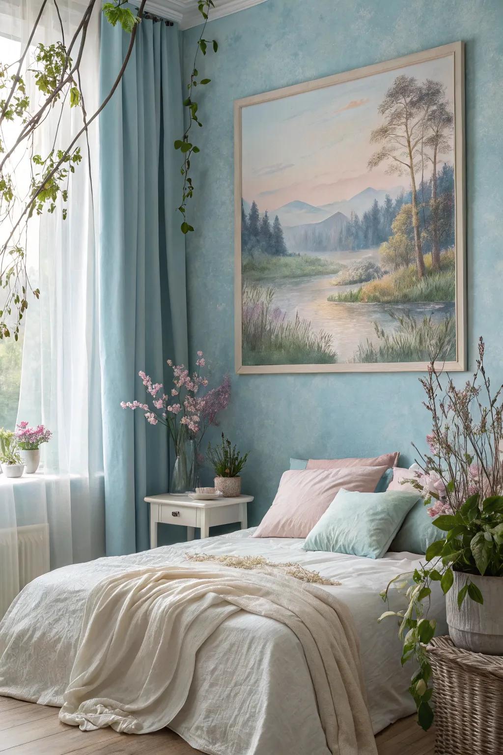 An ethereal watercolor art generating a tranquil ambiance within a bedroom.