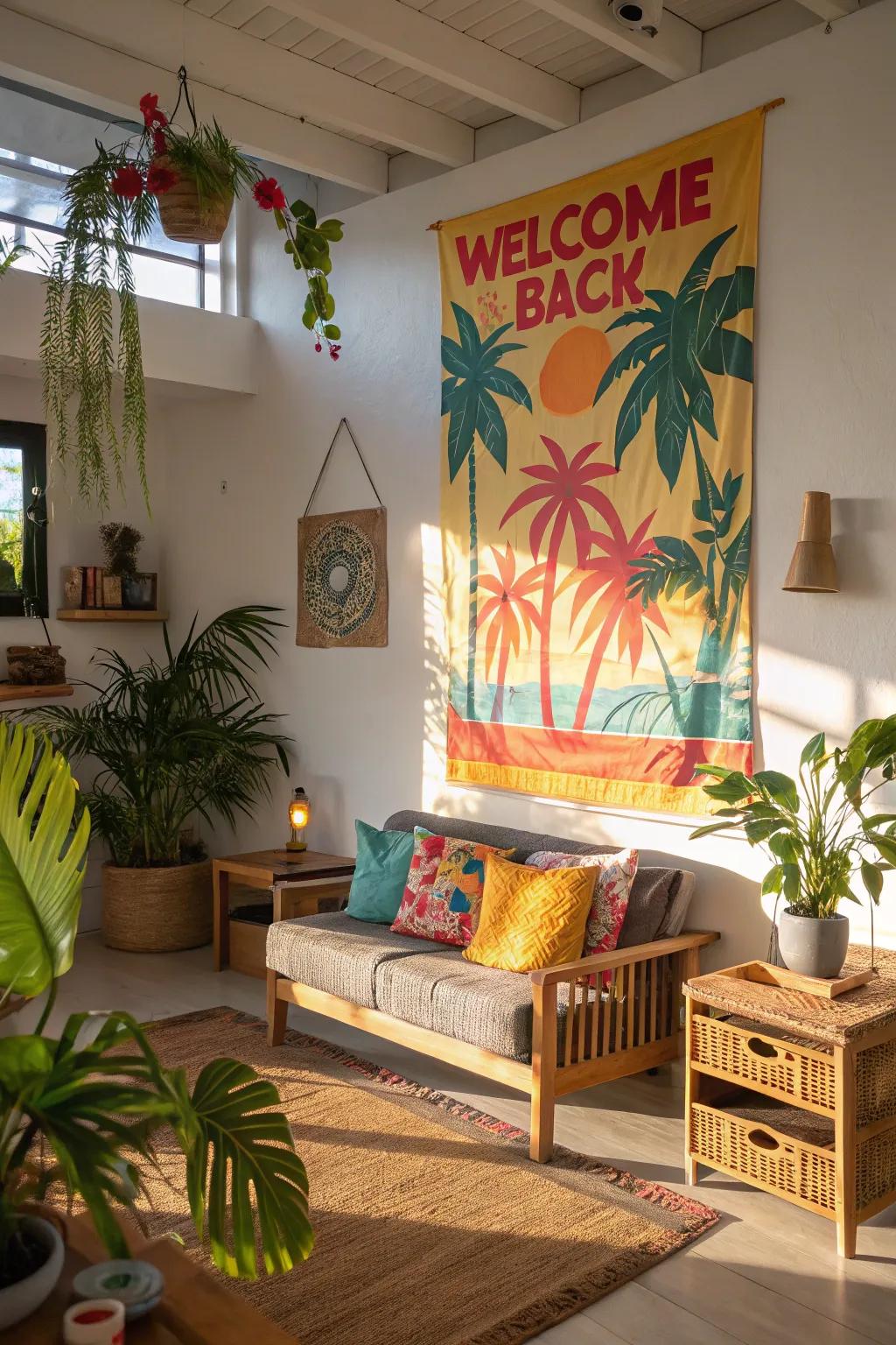A poster with a tropical theme brings a sunny vibe to the living space.