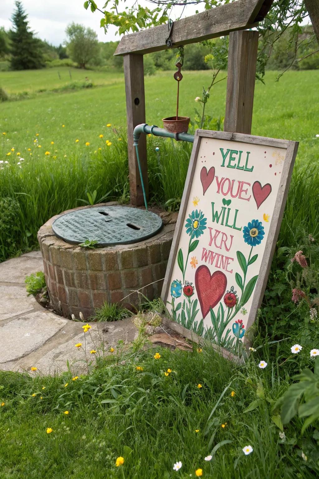 A whimsical placard converts this well cover into a conversational gem within the garden.