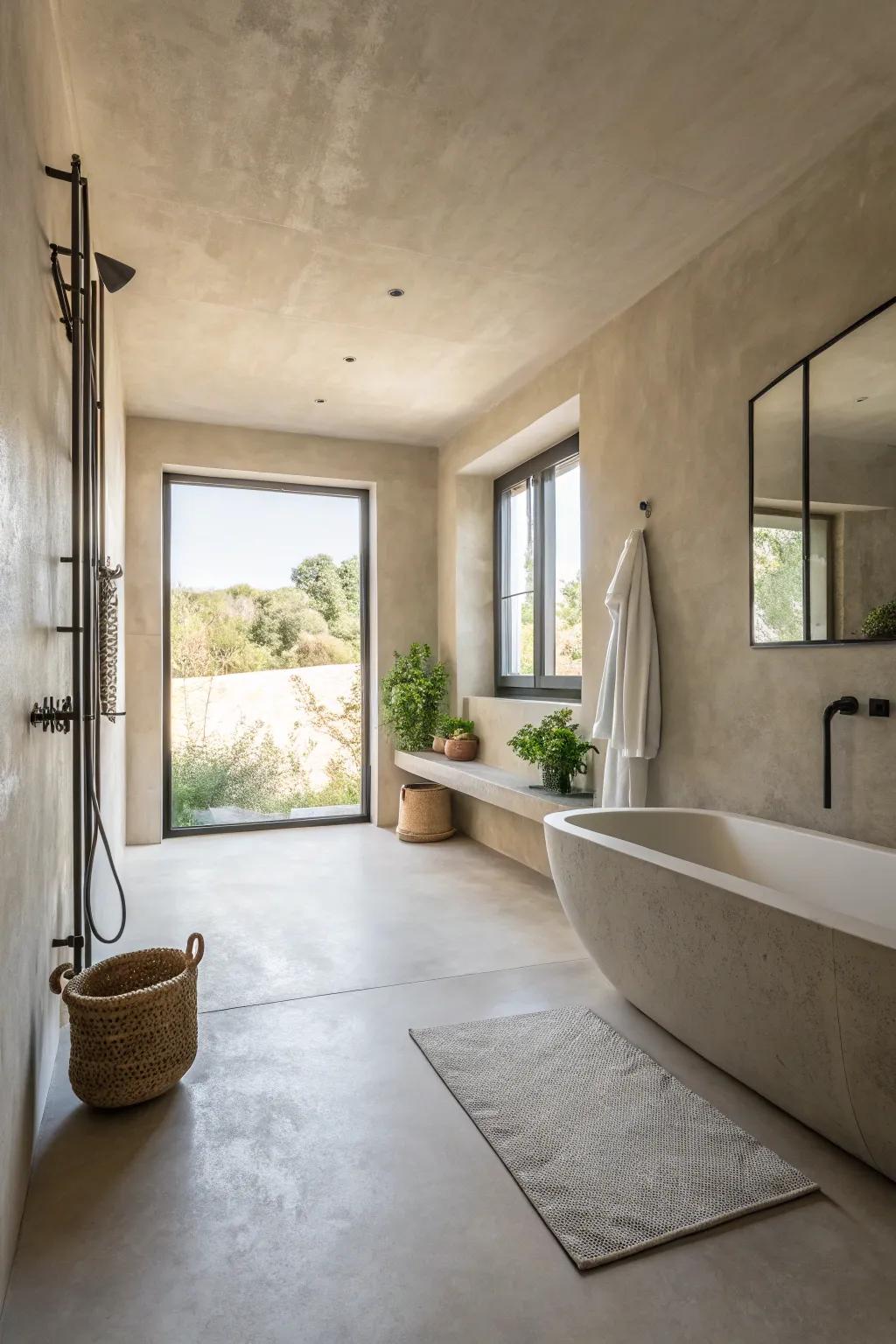 Microcement crafts a sleek, gap-free look within wet rooms.