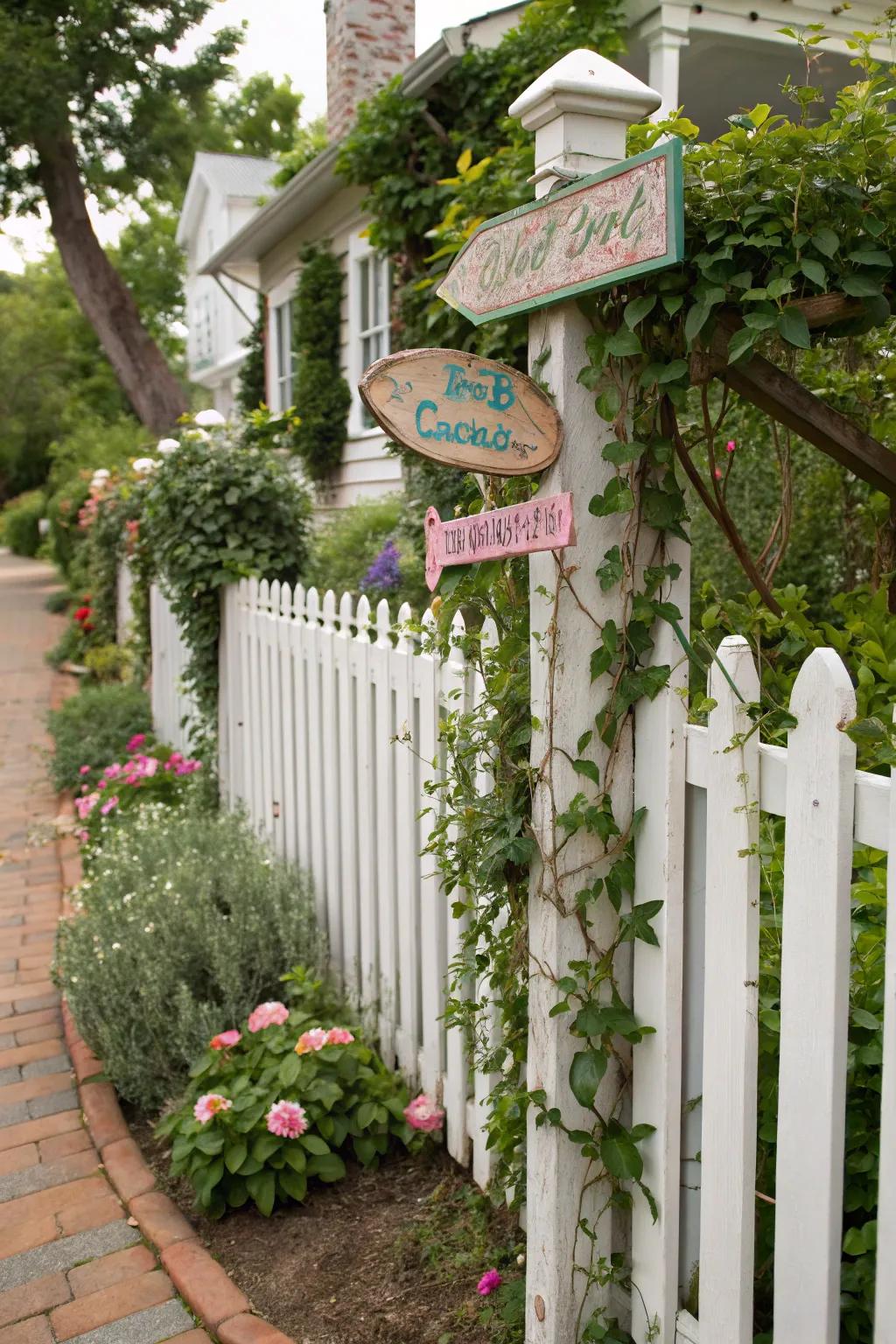 Picket boundaries can be adorned with greenery and signage for added appeal.