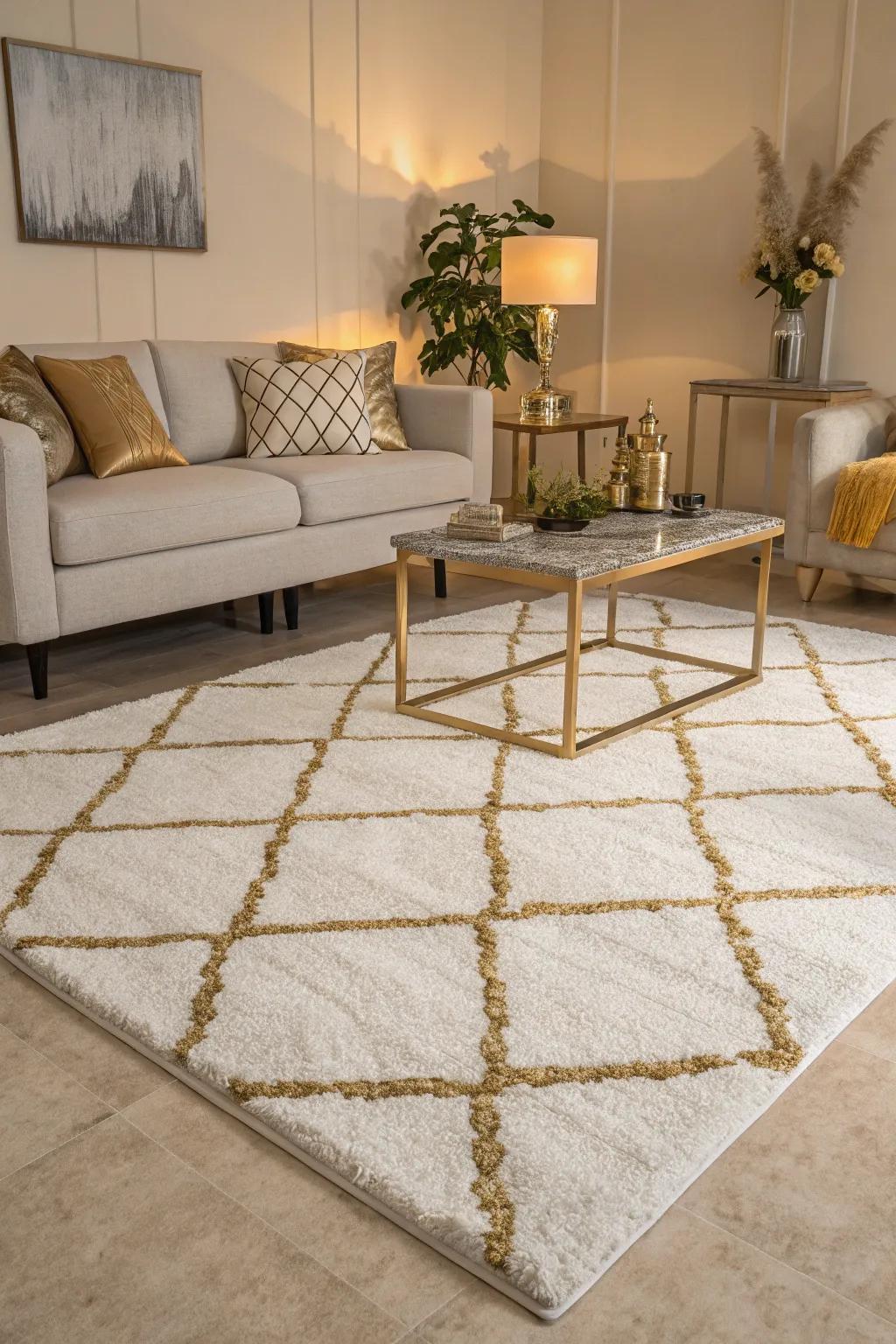 Detailed textiles done in ivory and gold add warmth and make the living area distinct.