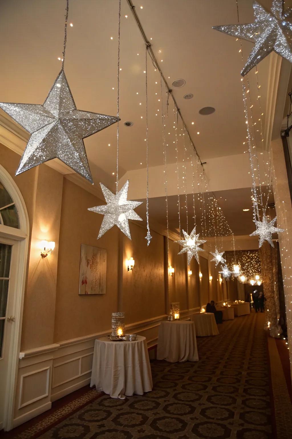 Conjure a whimsical atmosphere with silver star ceiling decor.