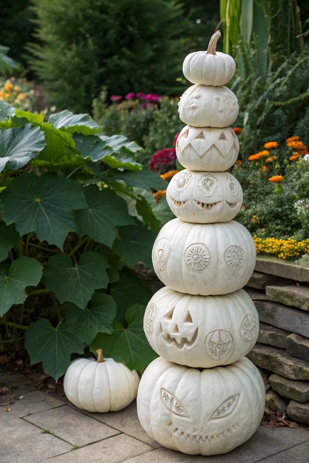 A striking figure of stacked white pumpkins for a dramatic effect.