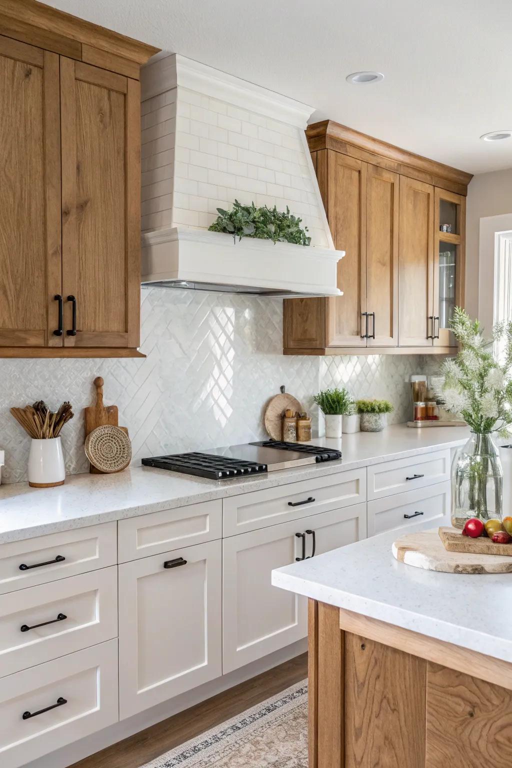 White stone composite backsplash paired with natural wood generates a warm kitchen aesthetic.